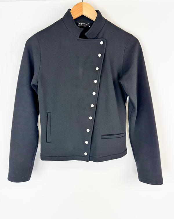 Black jacket with button details on a white background