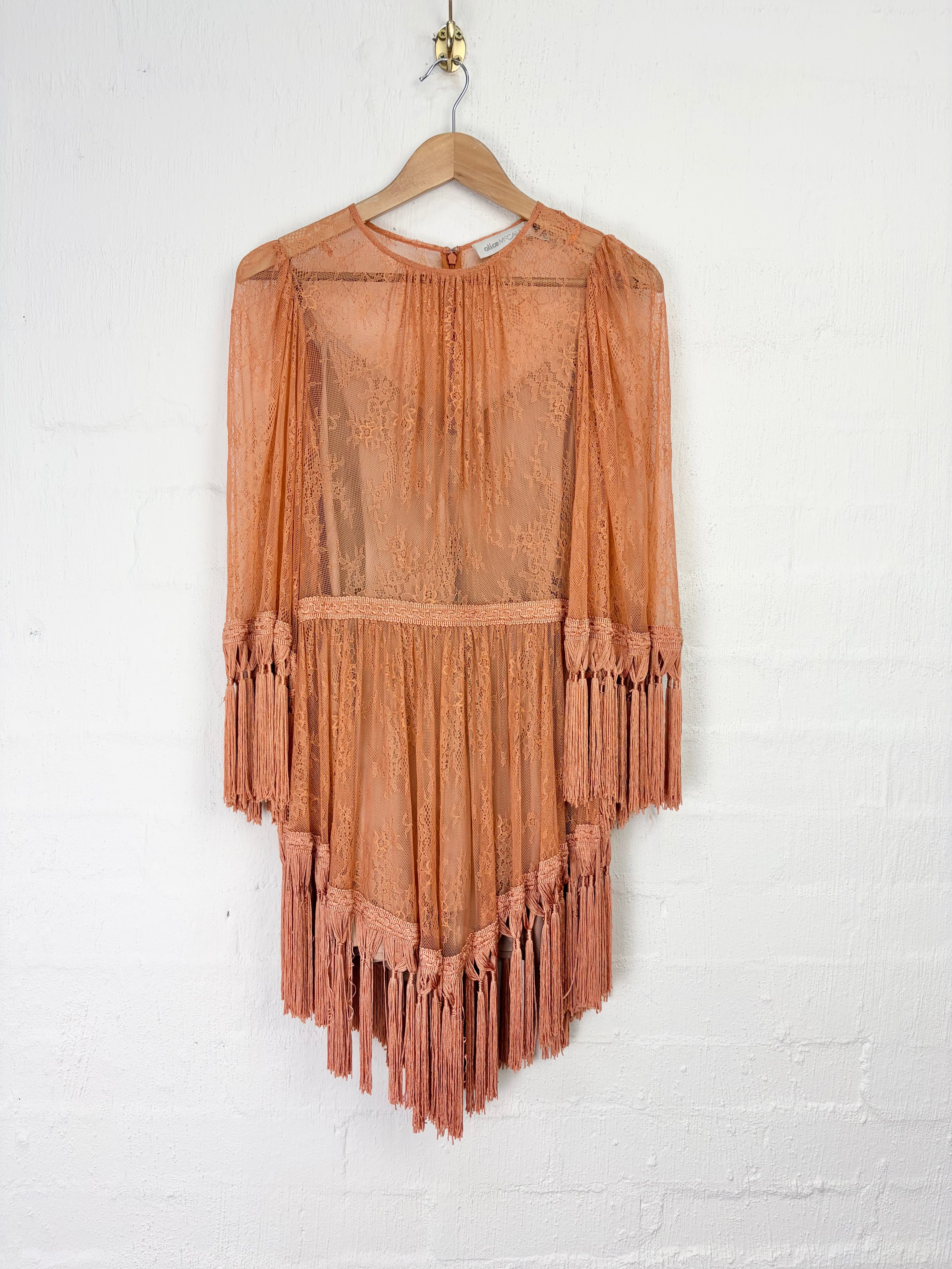 A rust-orange bohemian long-sleeve dress with a sheer lace front panel and long fringe hem, hanging on a wooden hanger against a white brick wall.