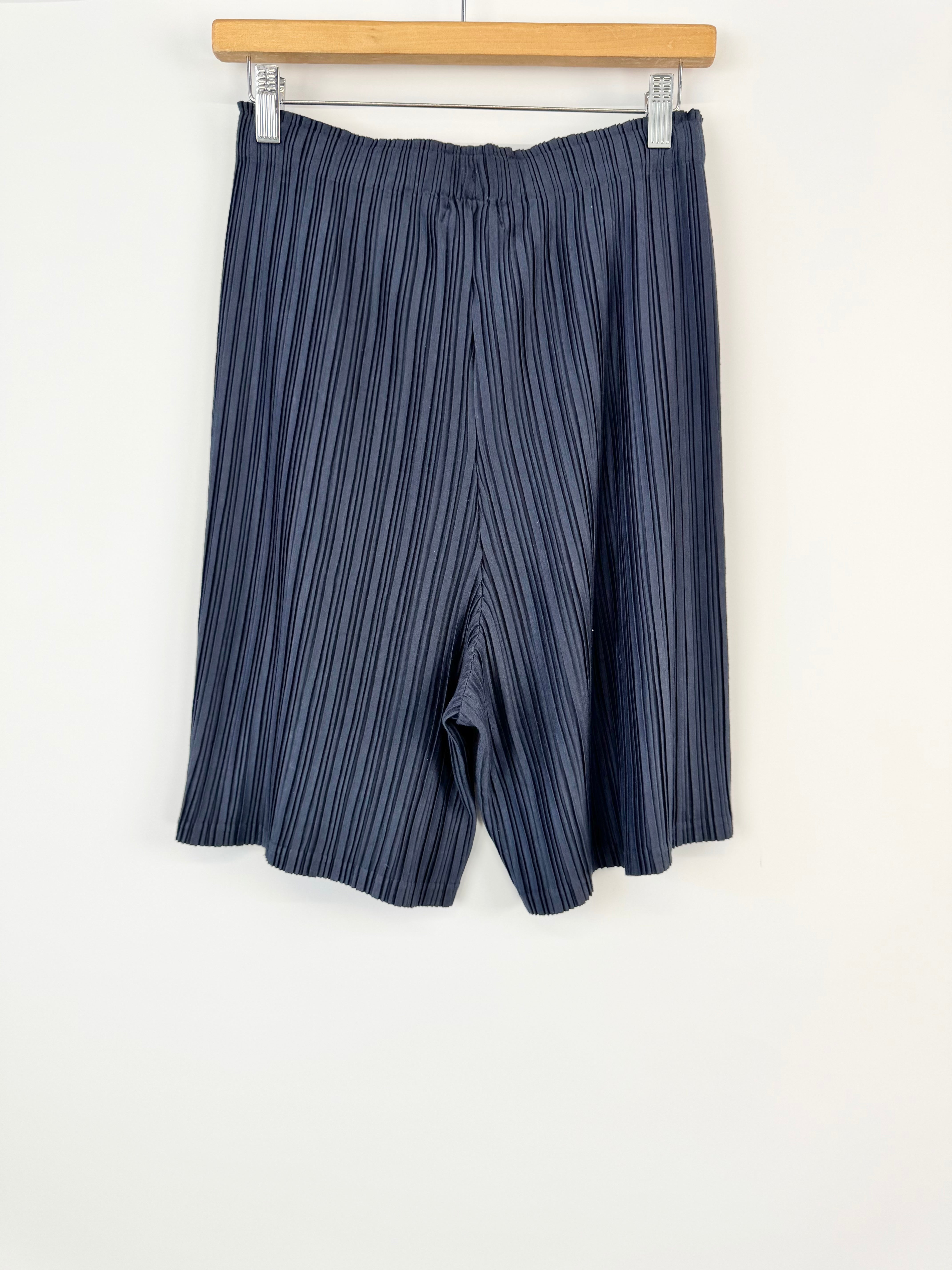 Navy striped shorts hanging on a wooden hanger against a white background