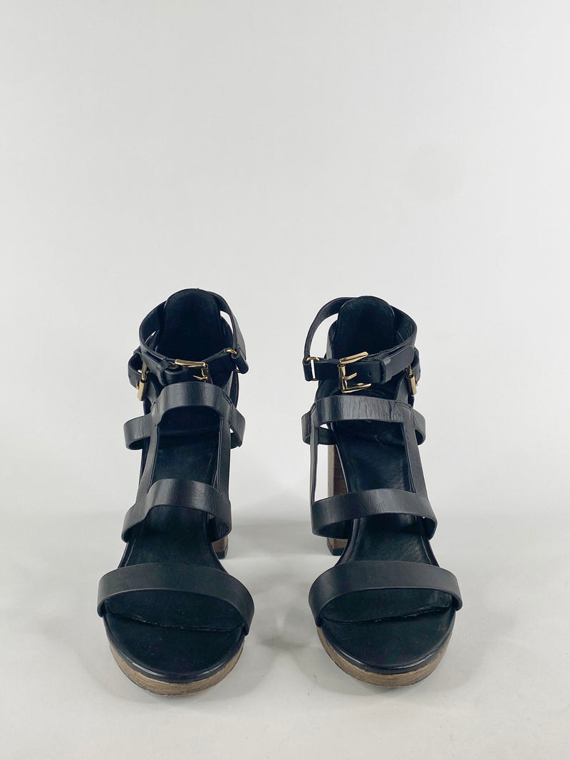 Husk Black Strap Block Heels - EU39