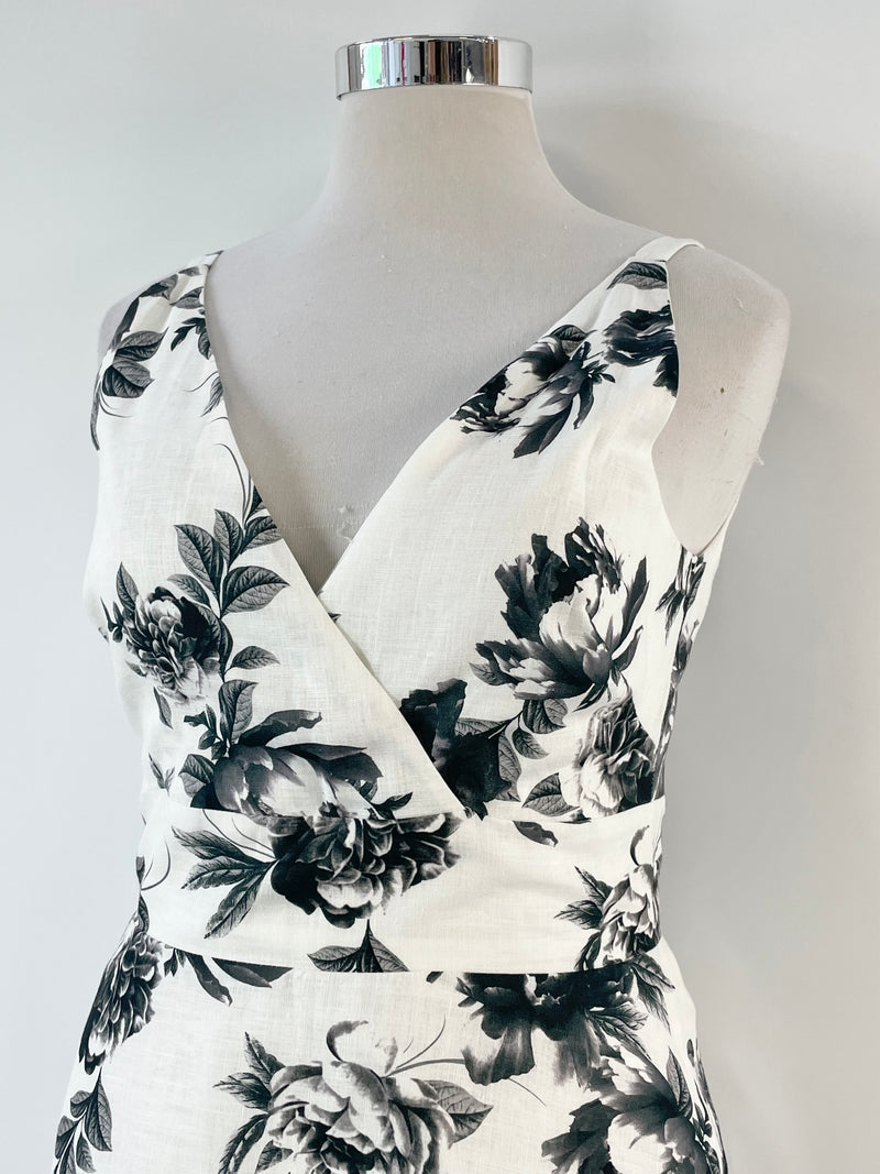 Veronika Maine White & Black Floral Linen Midi Dress - AU12