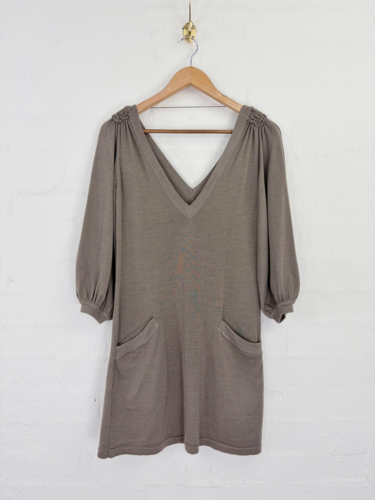Katherine Taupe Silk & Wool V-Neck Midi Dress - AU10