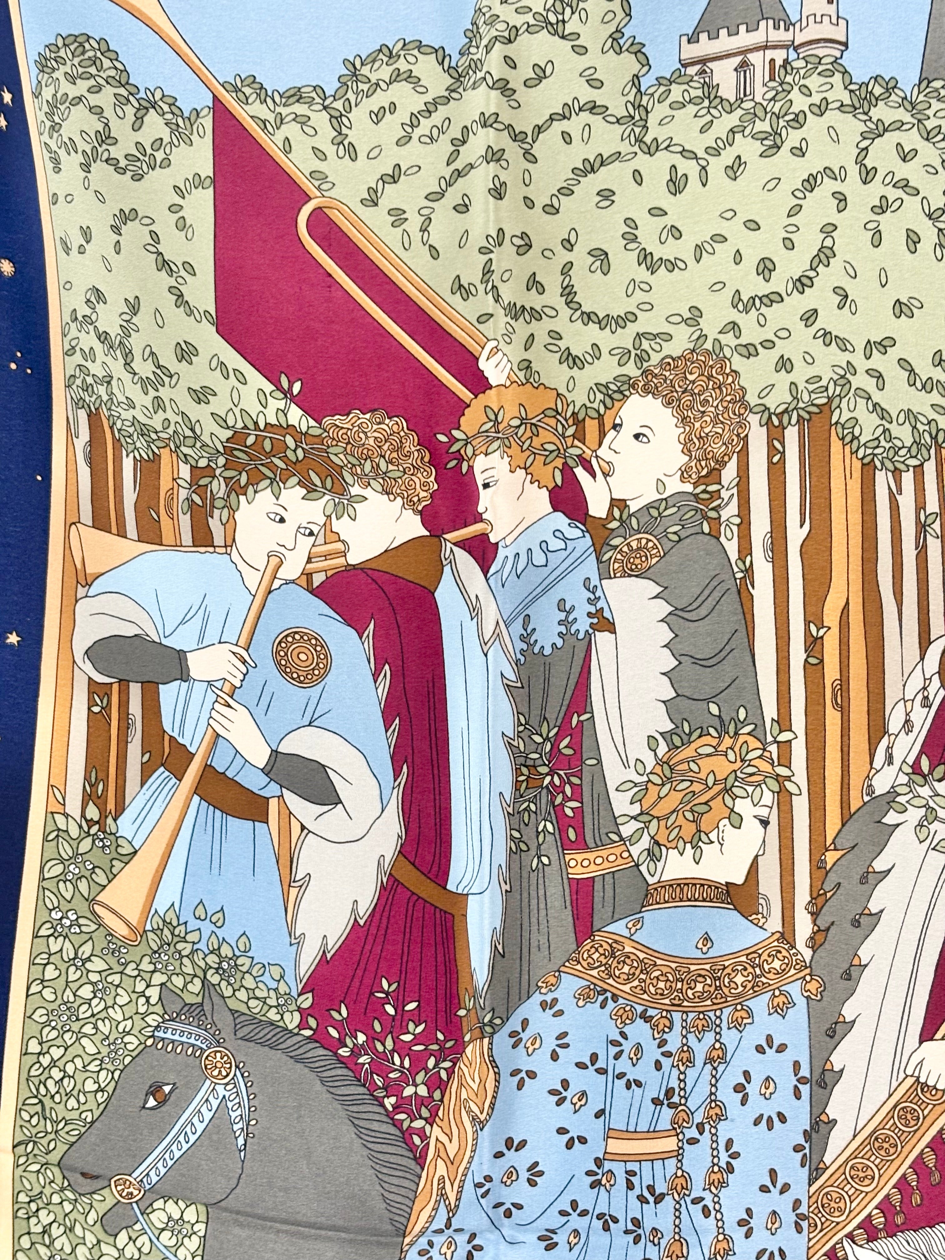 Pancaldi Vintage Blue Village Scene Silk Scarf