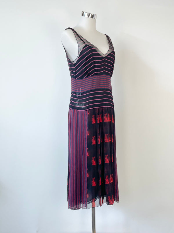 Prada Sheer Silk Rabbit Print Pleated Midi Dress with Slip - AU6/8