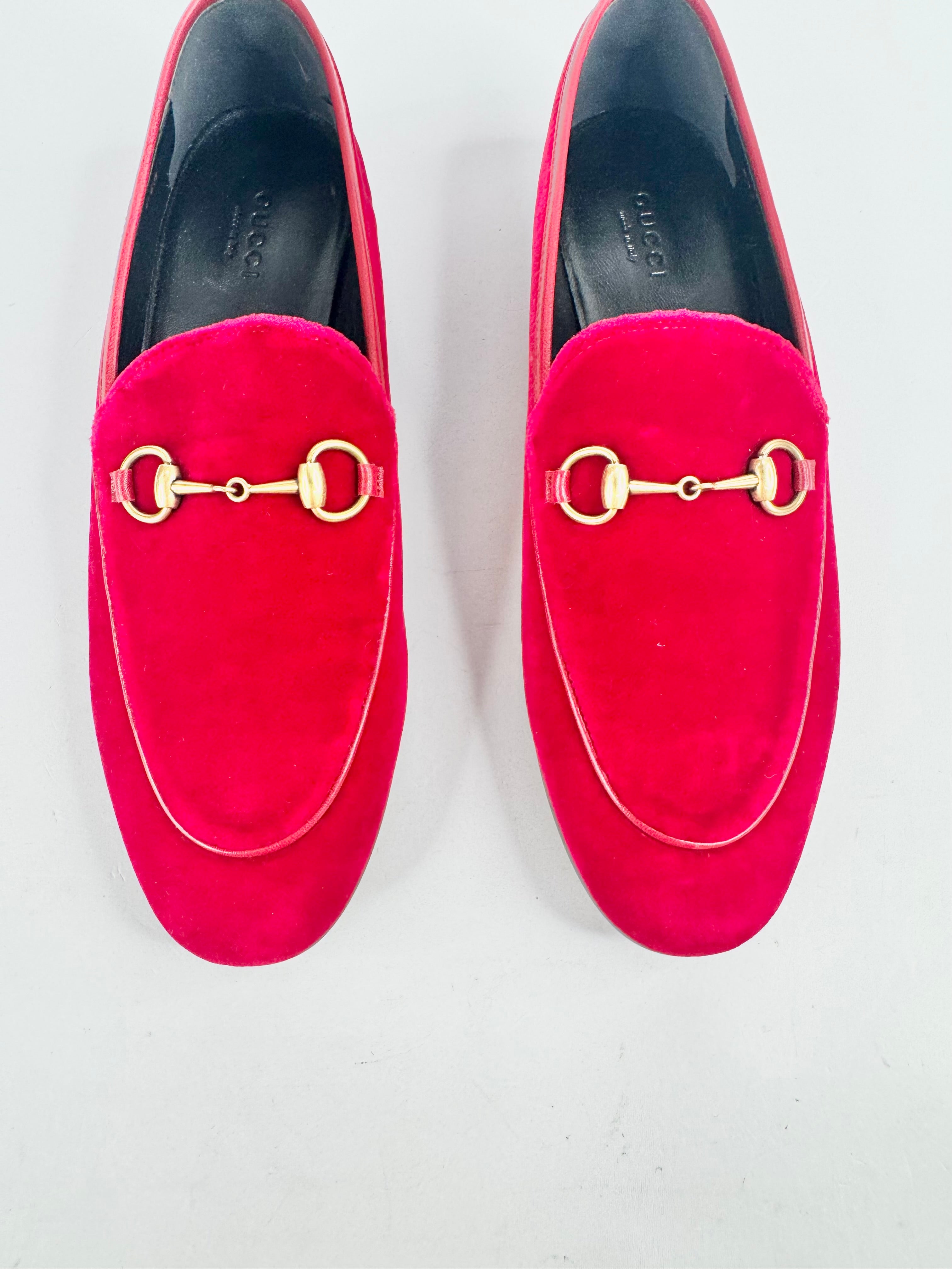 Gucci Red Velvet Horsebit Loafers - EU38.5