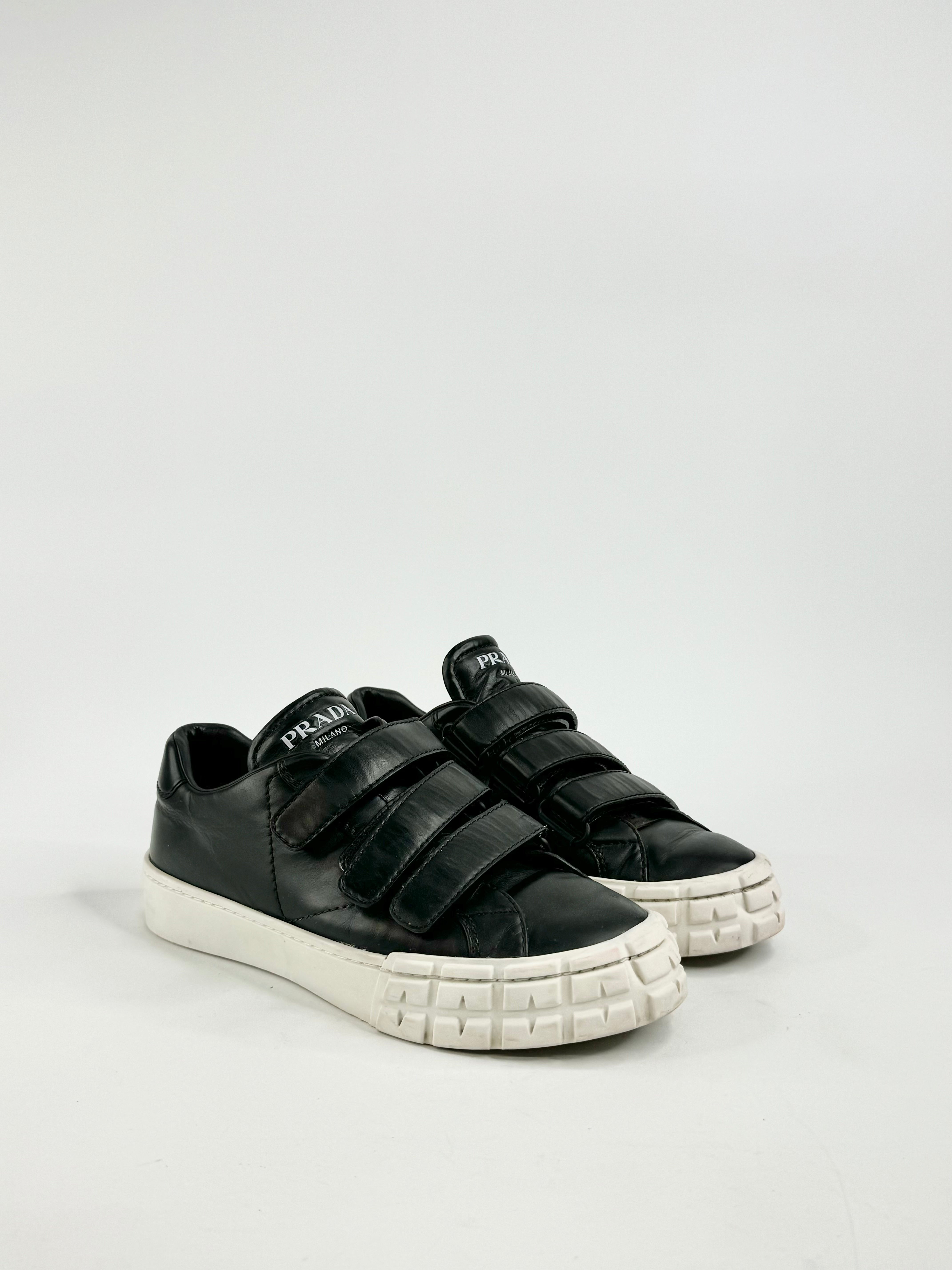Prada Black Leather Three Strap Velcro Sneakers - EU37.5
