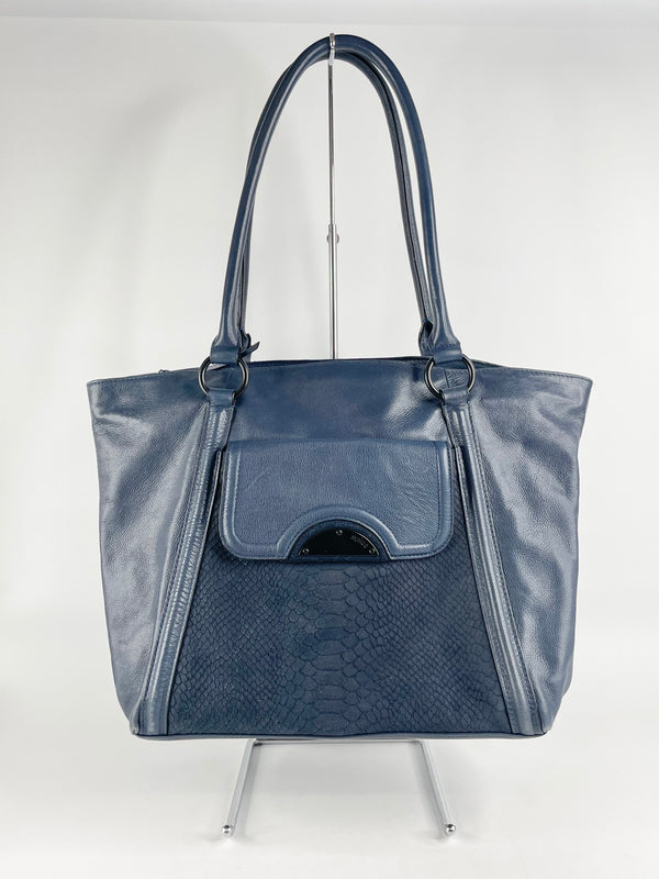 Mimco Navy Blue Leather & Croc-Textured Suede Tote Bag