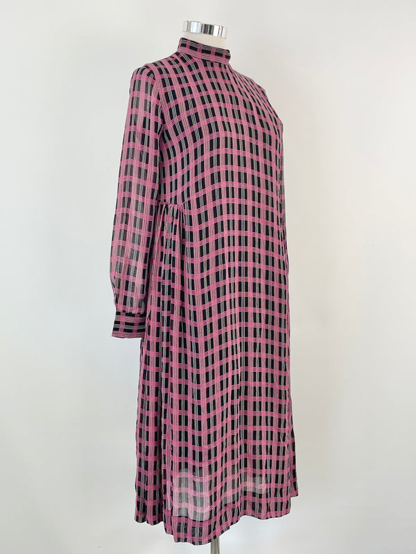 Ganni Black & Purple Checked Long Sleeve Dress - AU12