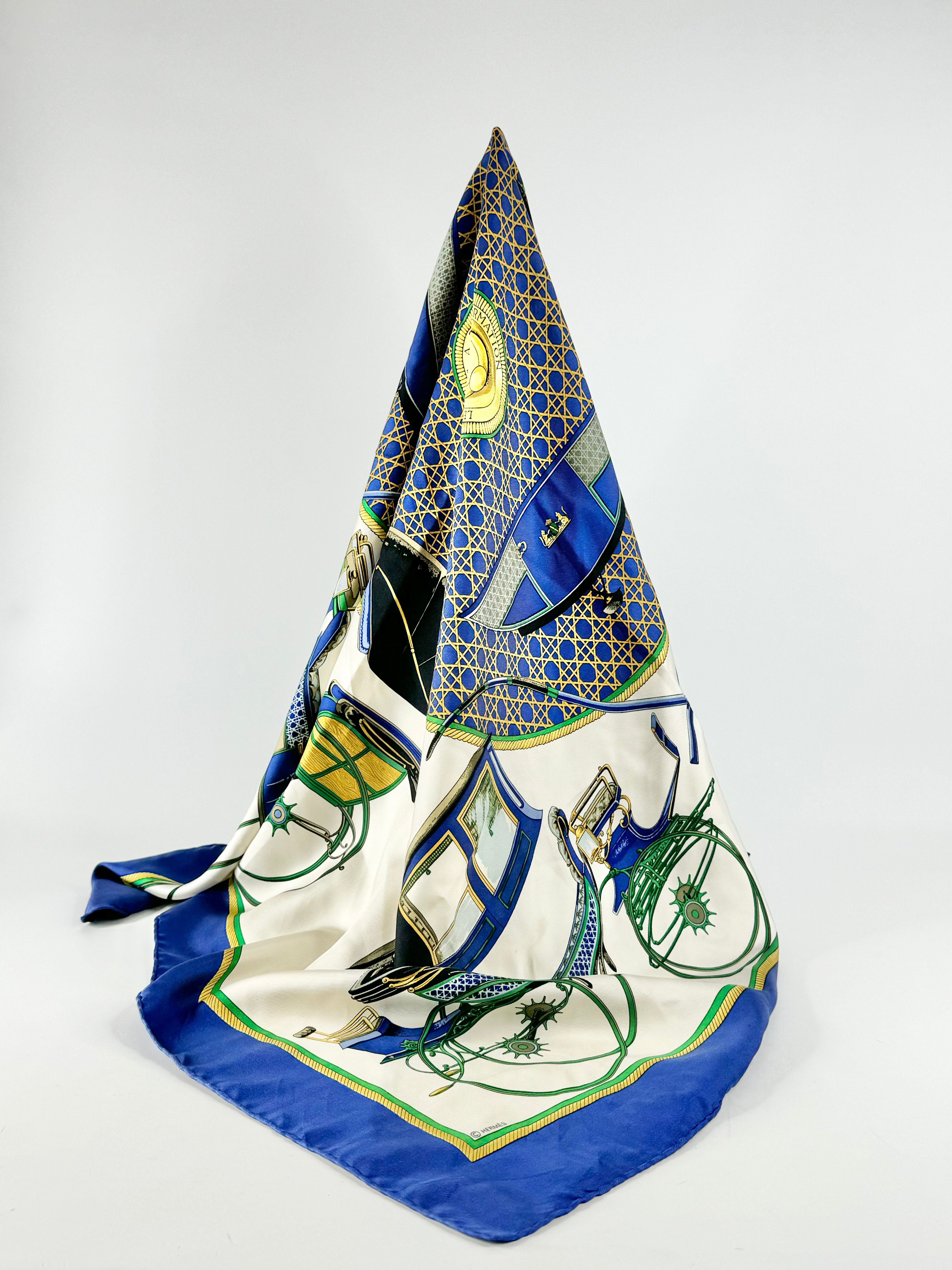 Hermès Scarf Carré ‘les voitures à transformation’ Blue Silk Scarf