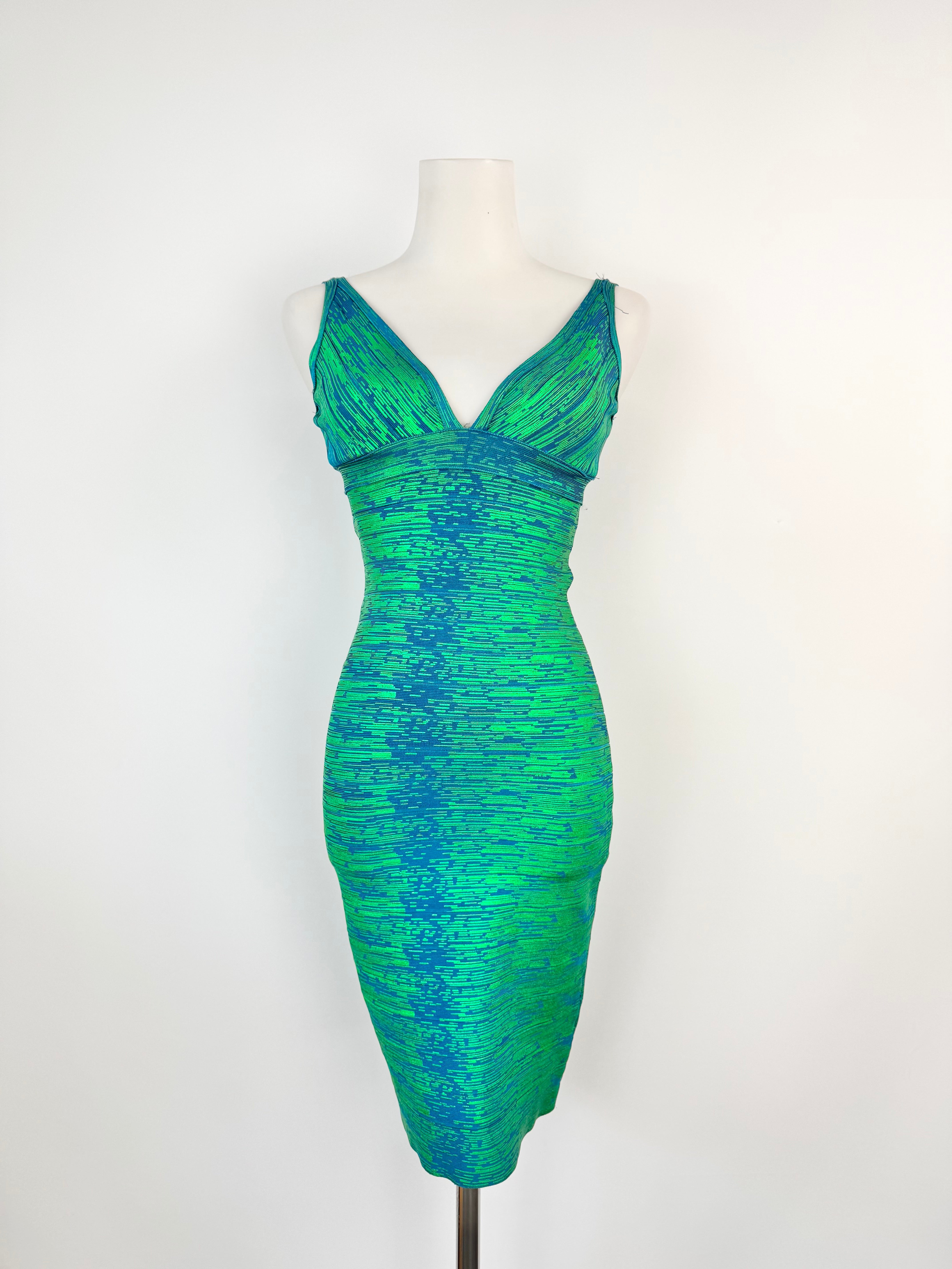 Y2K Herve Leger Metallic Green & Blue Bandage Dress - AU10