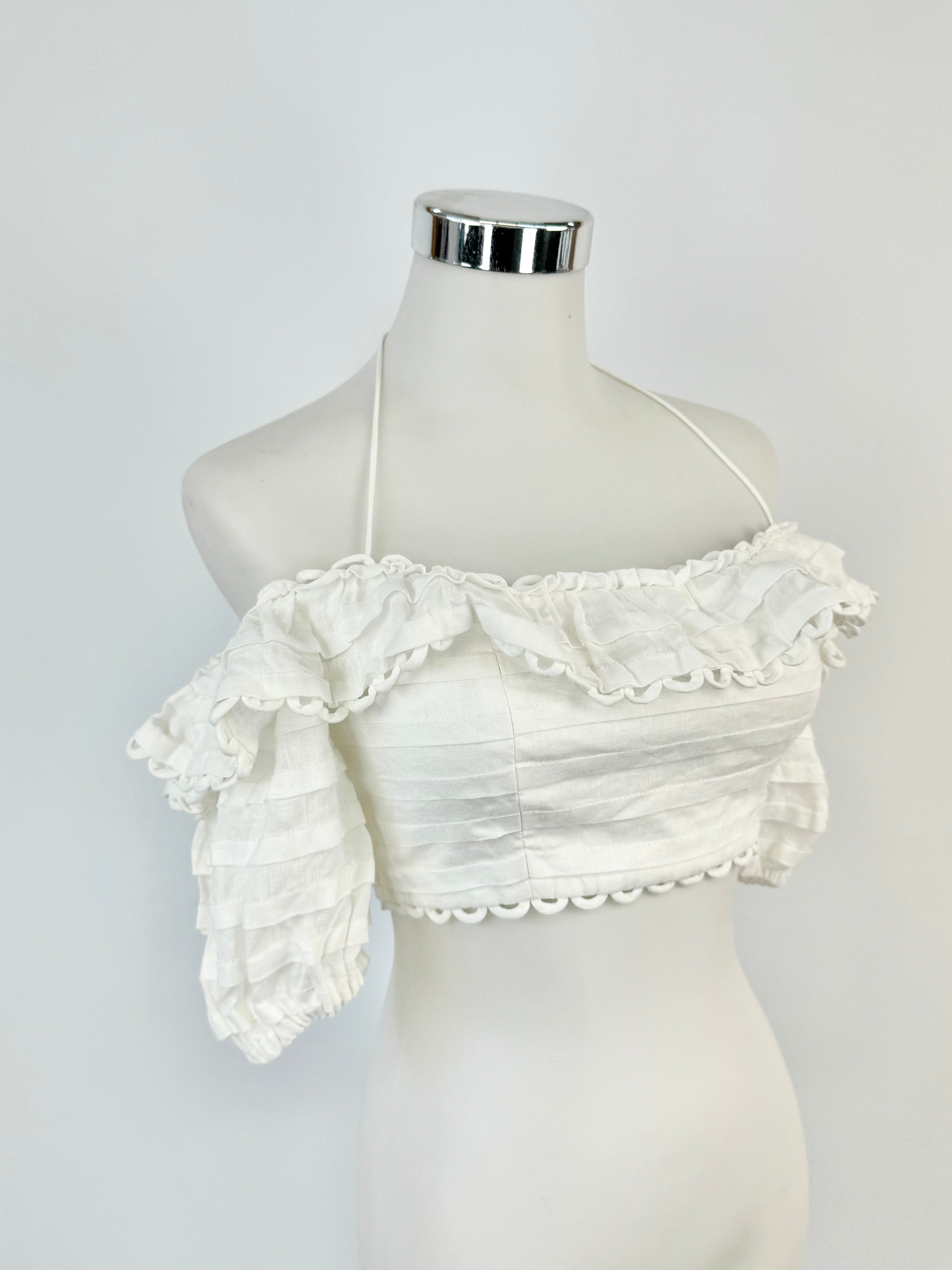Zimmermann White Linen Puff Sleeve Crop Top - AU6/8