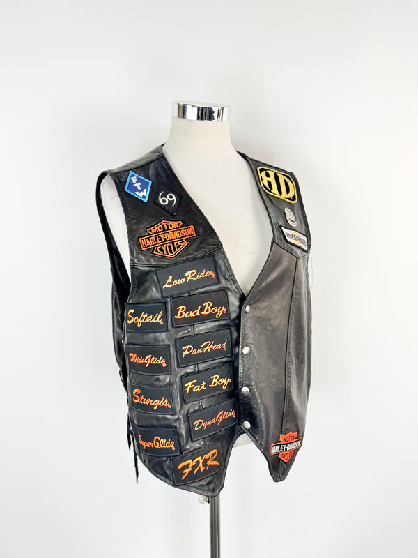 Vintage Harley Davidson Black Leather Patched Vest - XXL