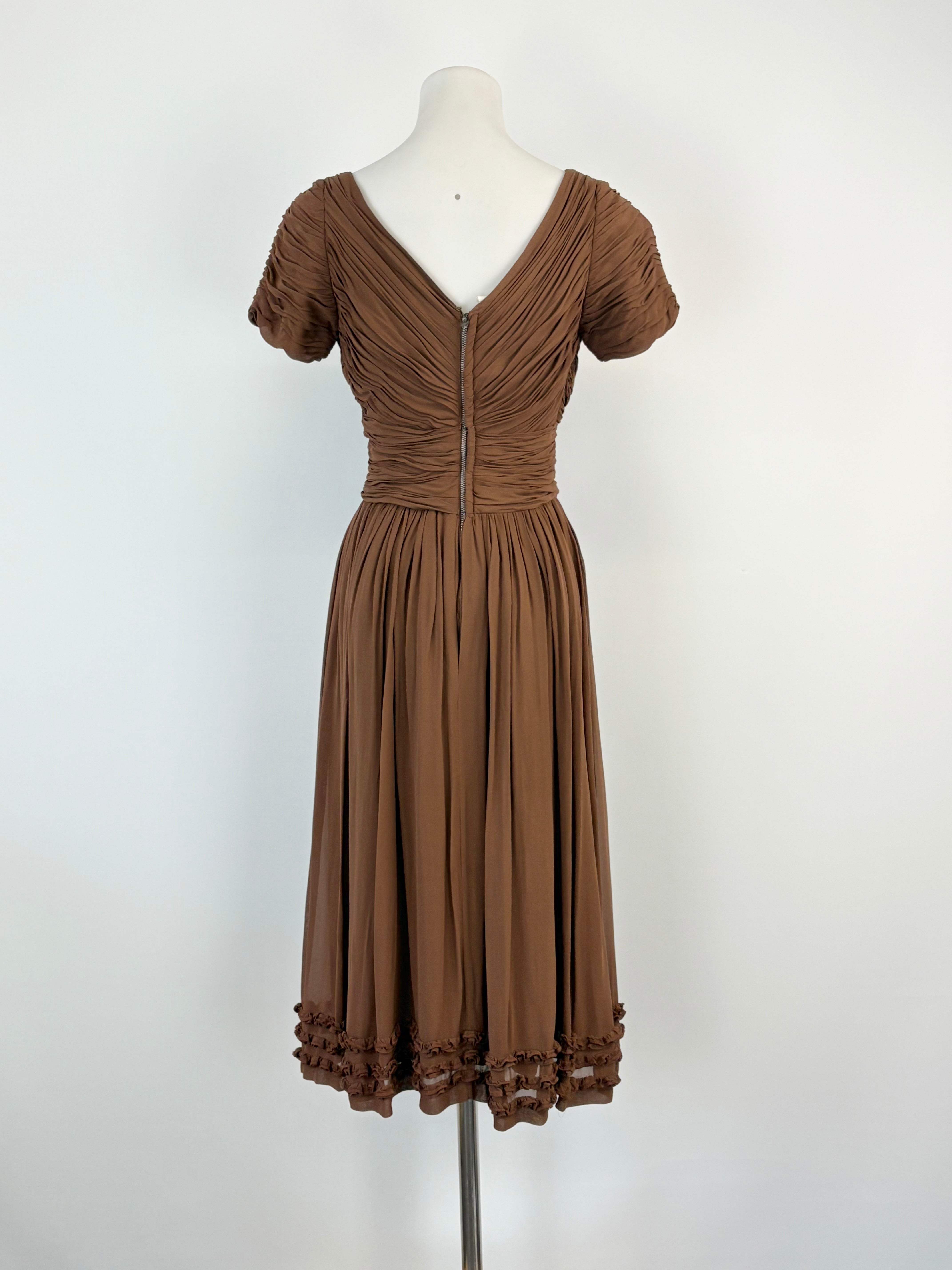 Vintage Chocolate Brown Ruffled Midi Short Sleeve Dress - AU8