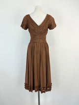 Vintage Chocolate Brown Ruffled Midi Short Sleeve Dress - AU8
