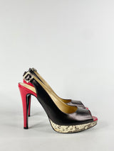 Filipo Raphael Black Red & Snakeprint Sling Back Stilettos - EU37.5