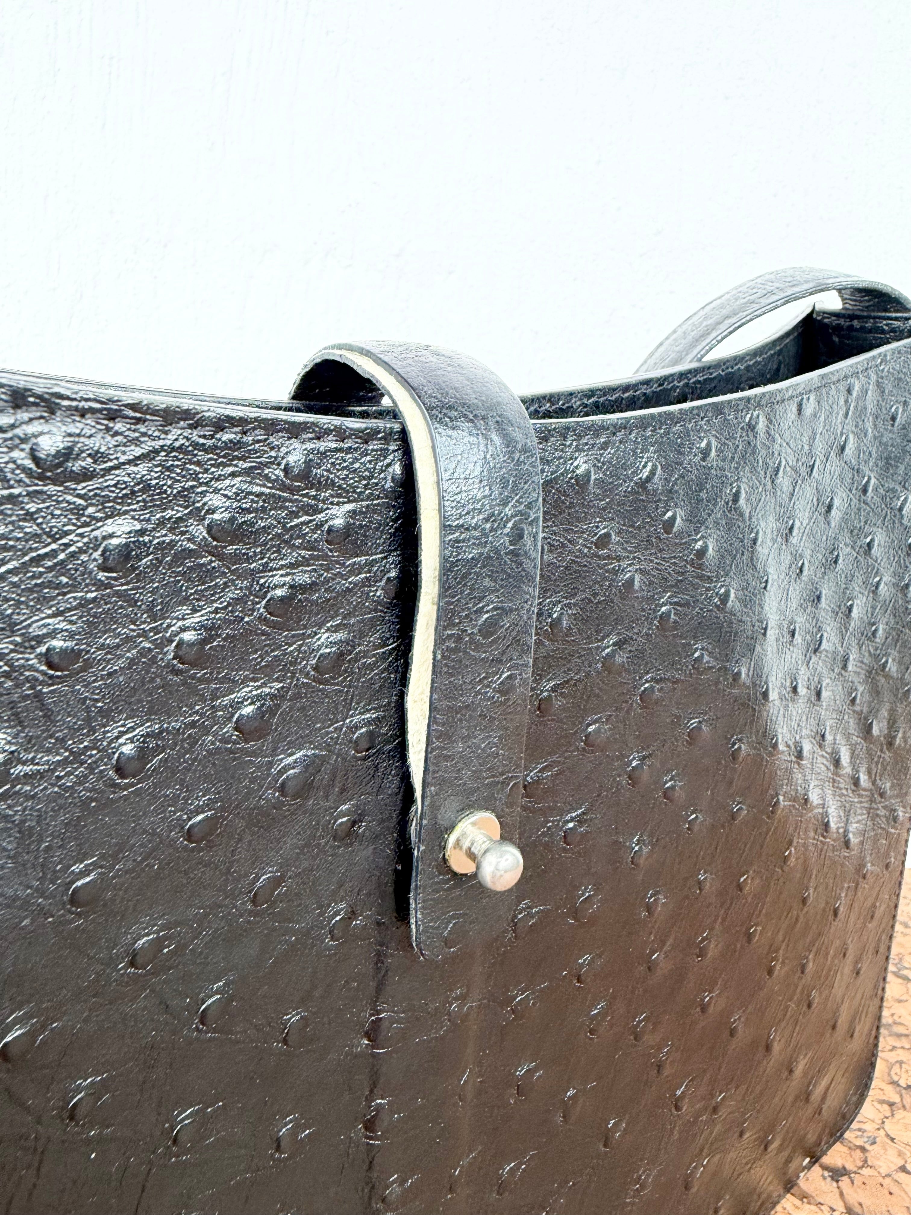 DKNY Black Ostrich Embossed Leather Shoulder Bag