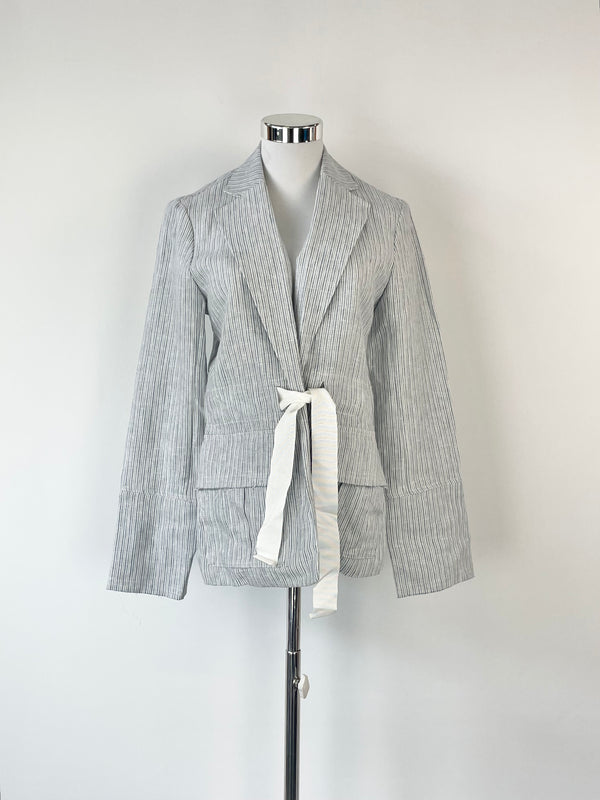 Lee Mathews Silver & White 'Harrington' Stripe Linen Jacket - AU8