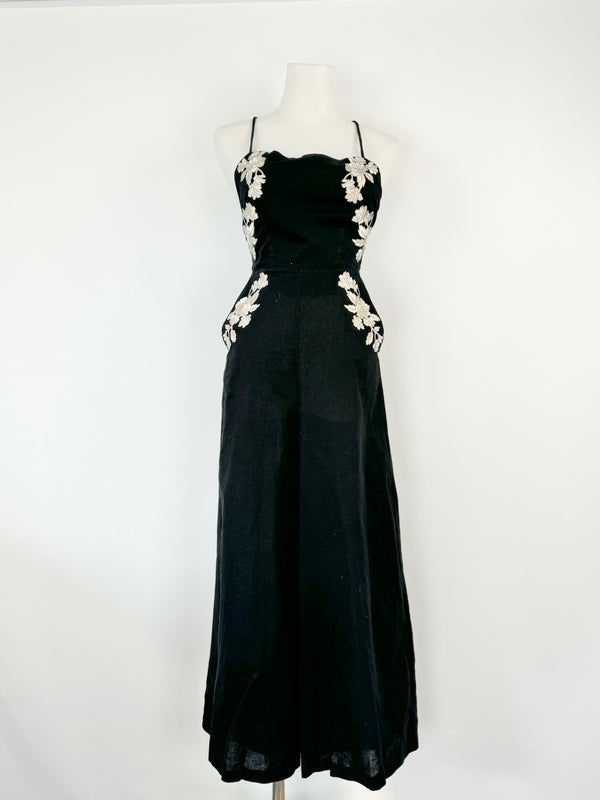 Zimmermann Black Linen Floral Embroidered Backless Jumpsuit - AU6/8