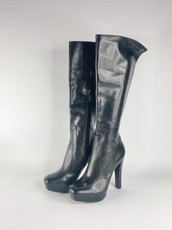 Calvin Klein 'Britton' Black Leather Platform Knee-High Boots - EU38