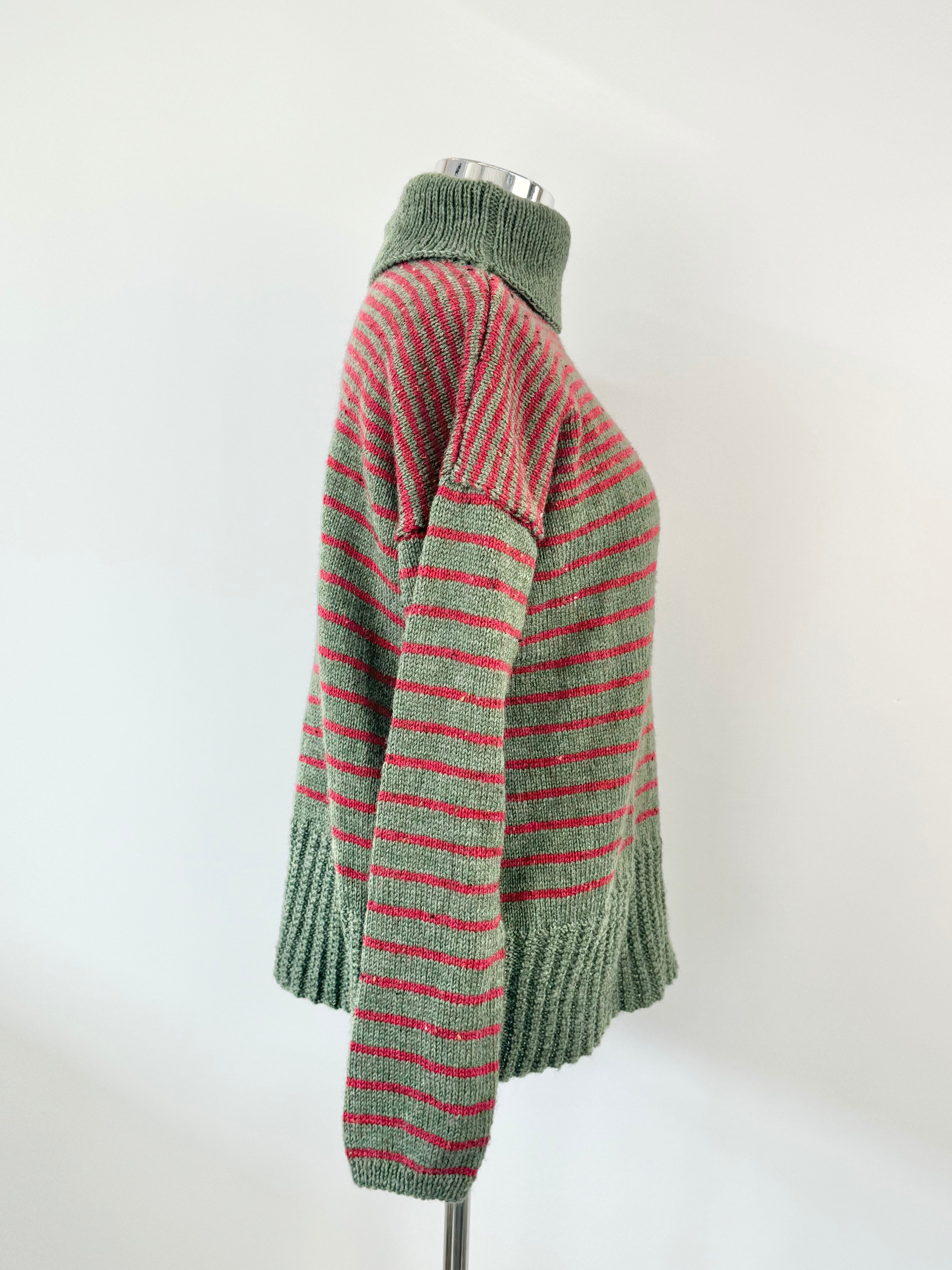 Hand Knit Olive Green & Red Strip Relax Fit Jumper - AU10/12/14