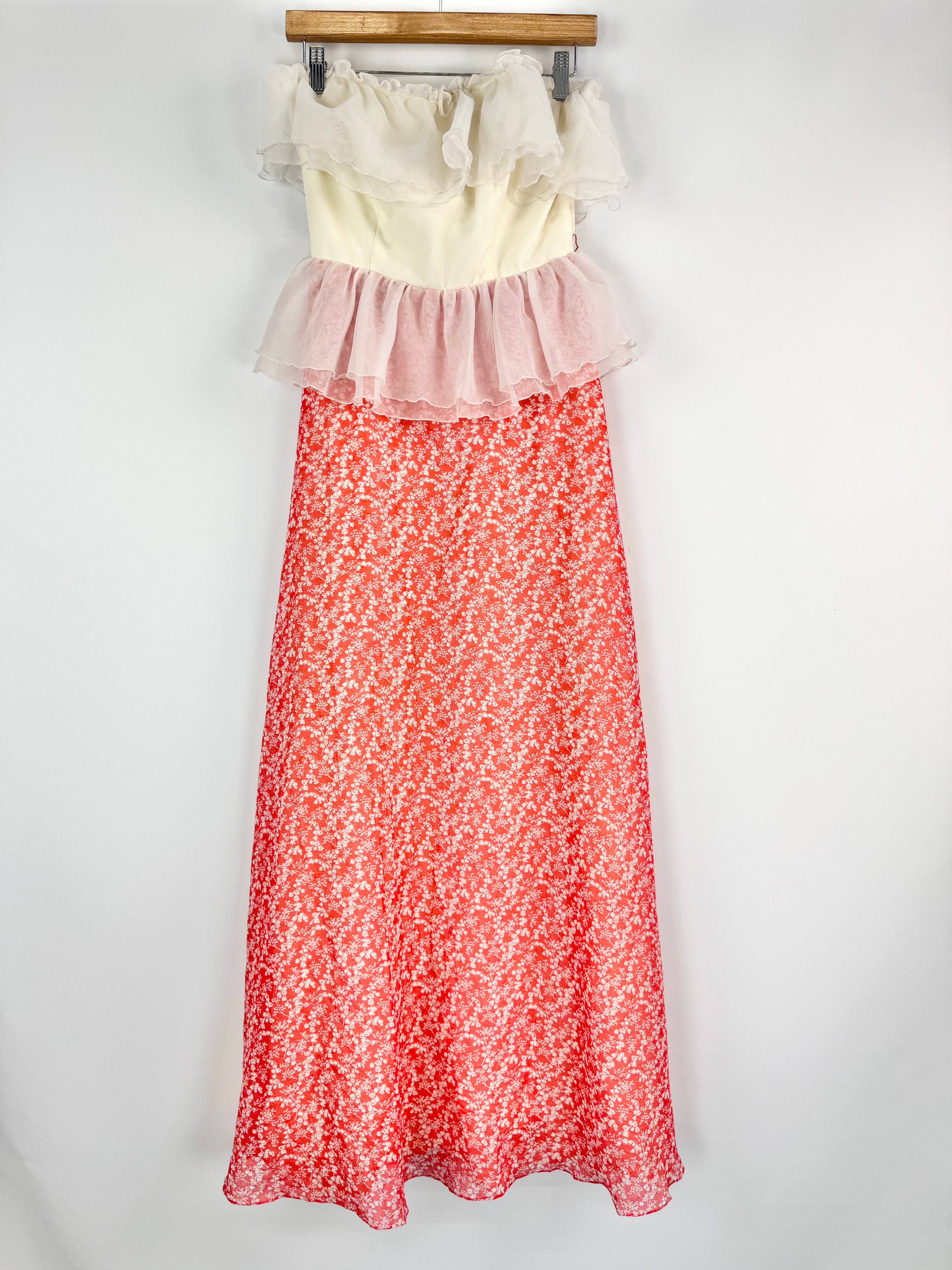 Vintage Strapless Frilled Floral Maxi-Dress - AU6/8