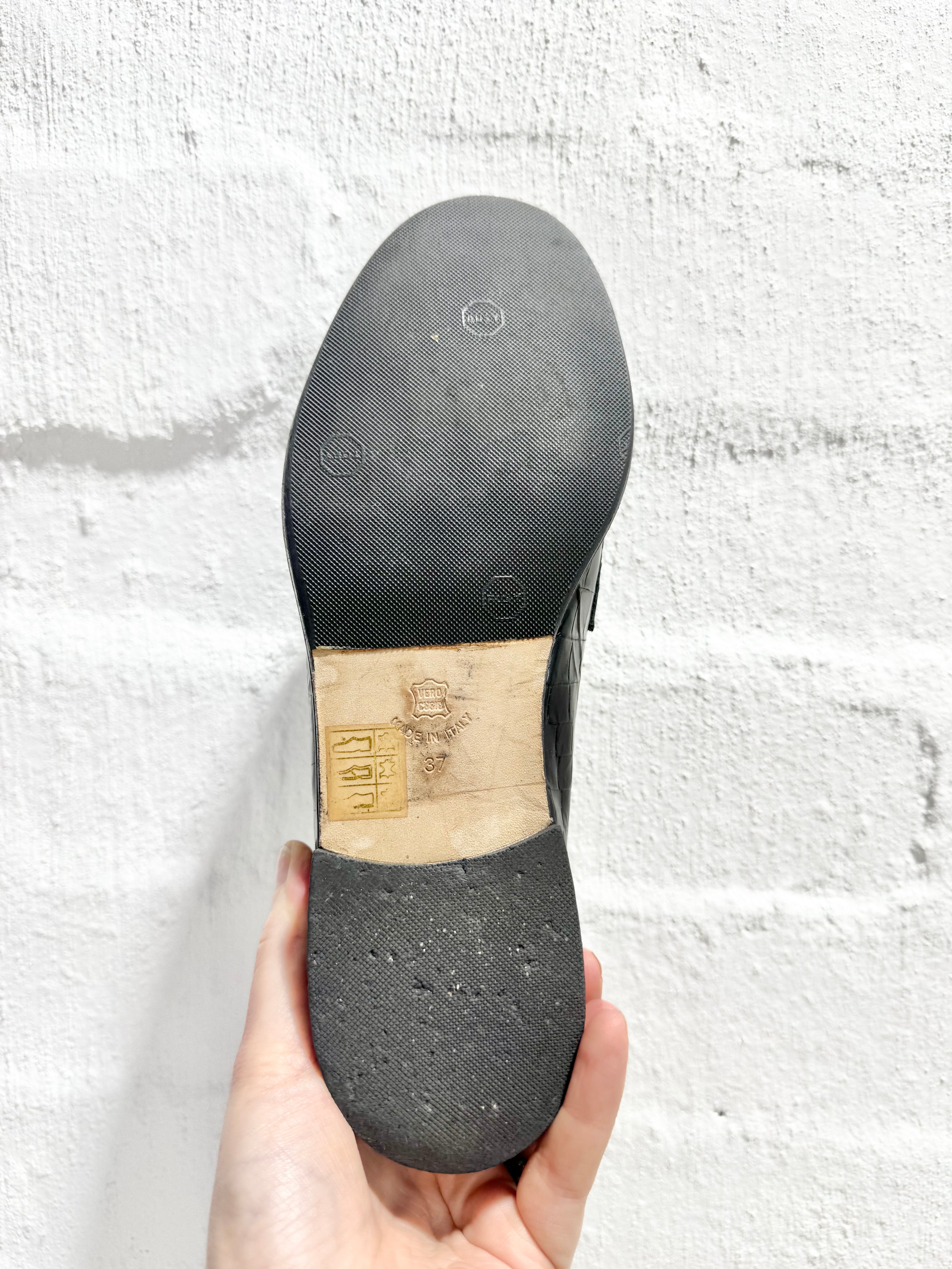 Husk Black Croc Embossed Gold Chain Loafers - EU37