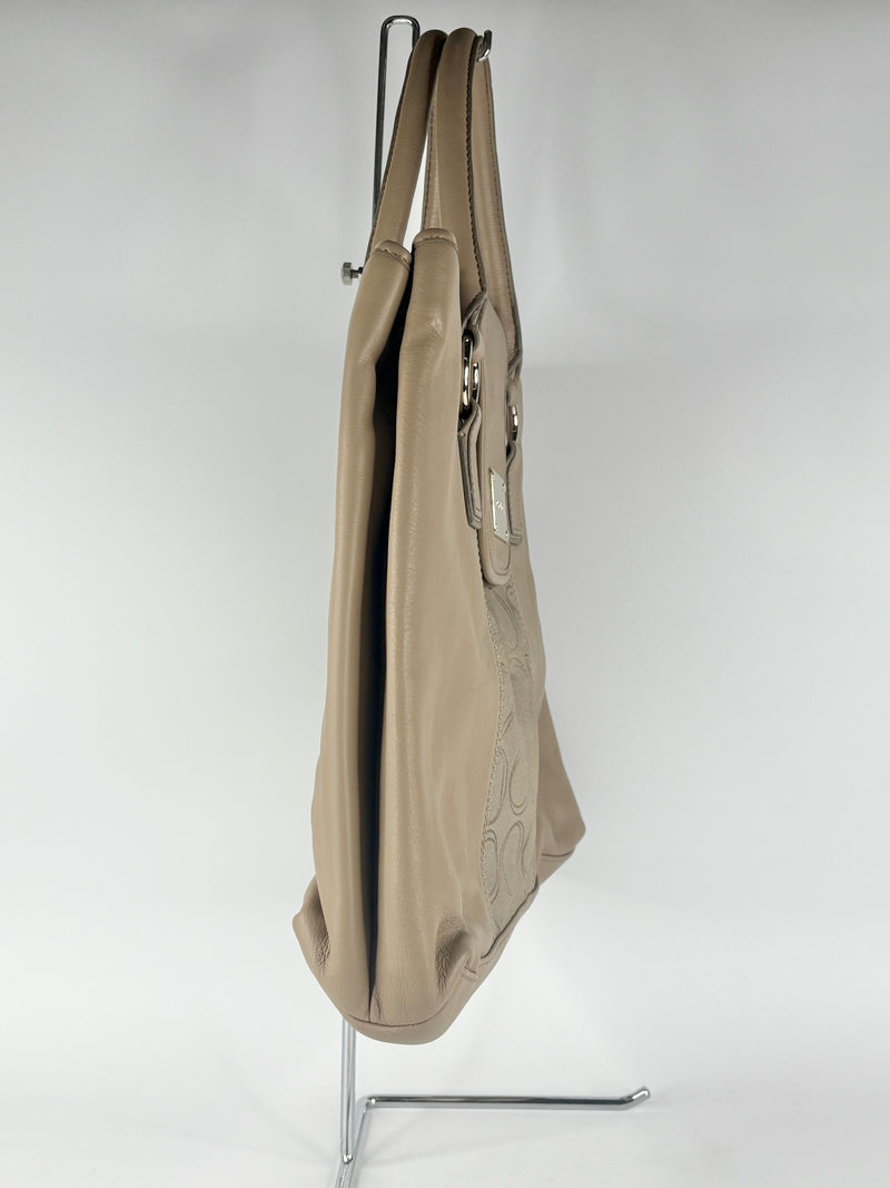 Oroton Beige Leather & Monogrammed Panel Handbag