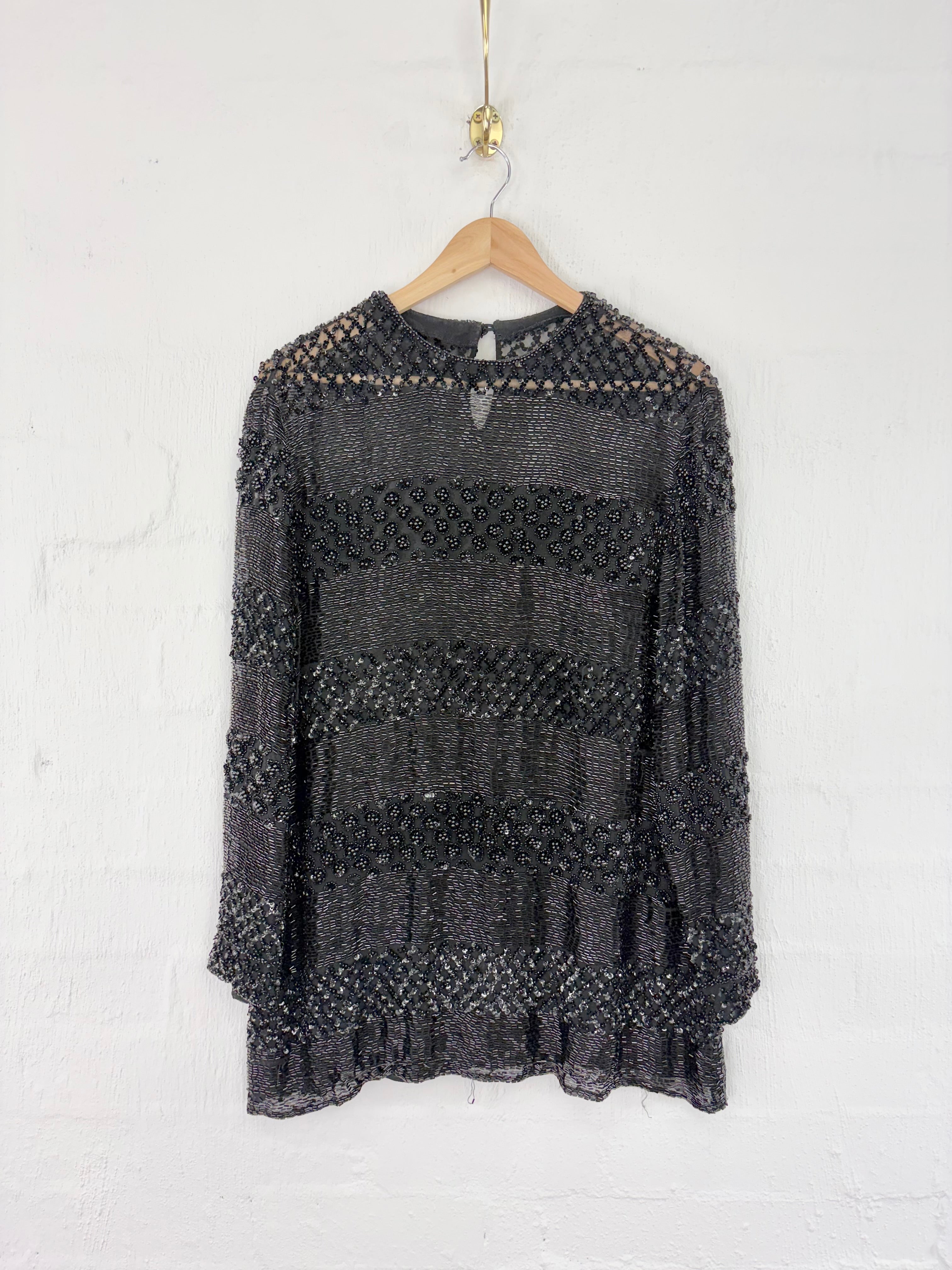 Vintage Black Silk Beaded & Sequined Long Sleeve Blouse - AU10/12