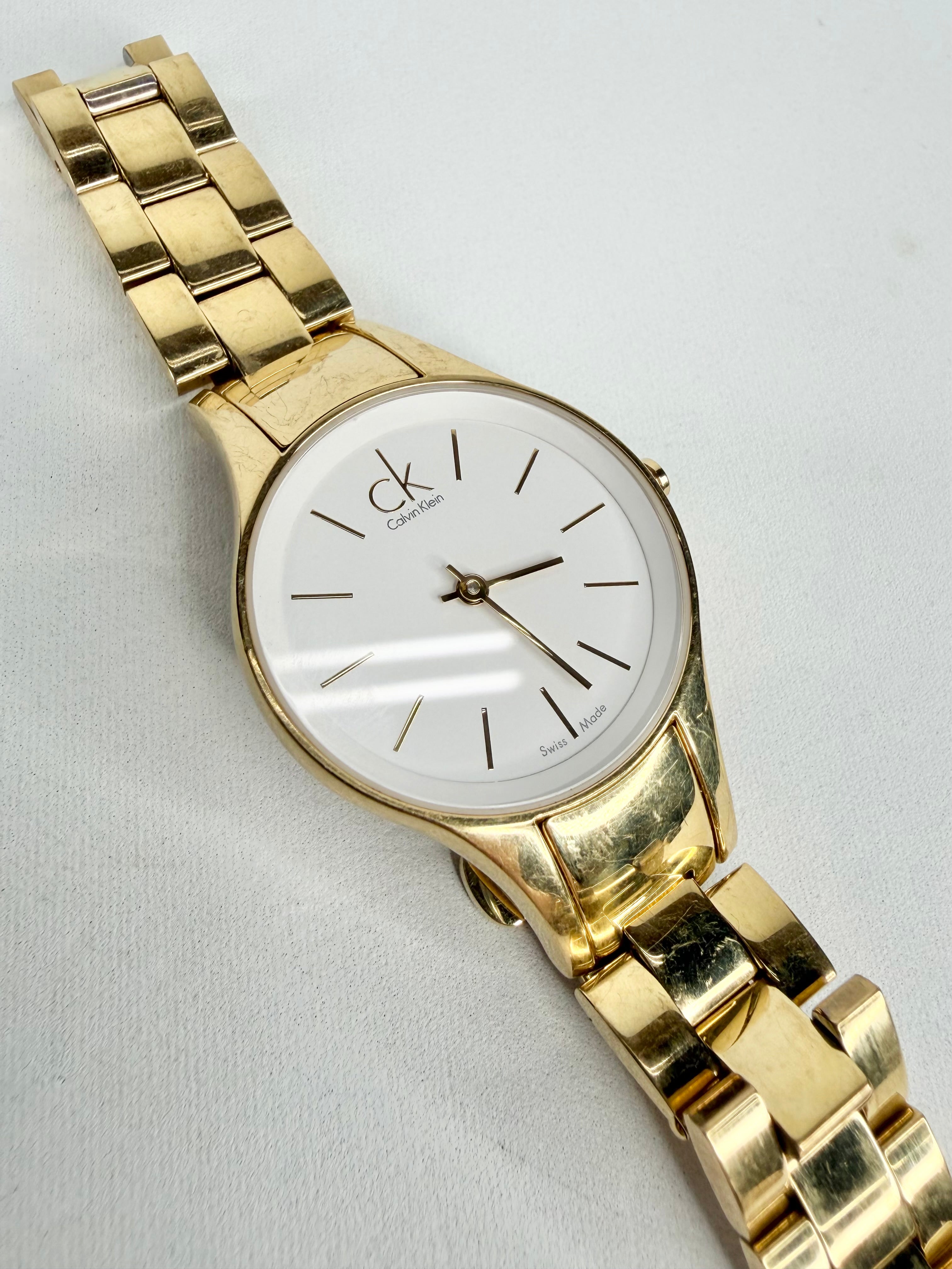 Calvin Klein K43232 Swiss Made Crystal Gold Tone Sapphire Watch