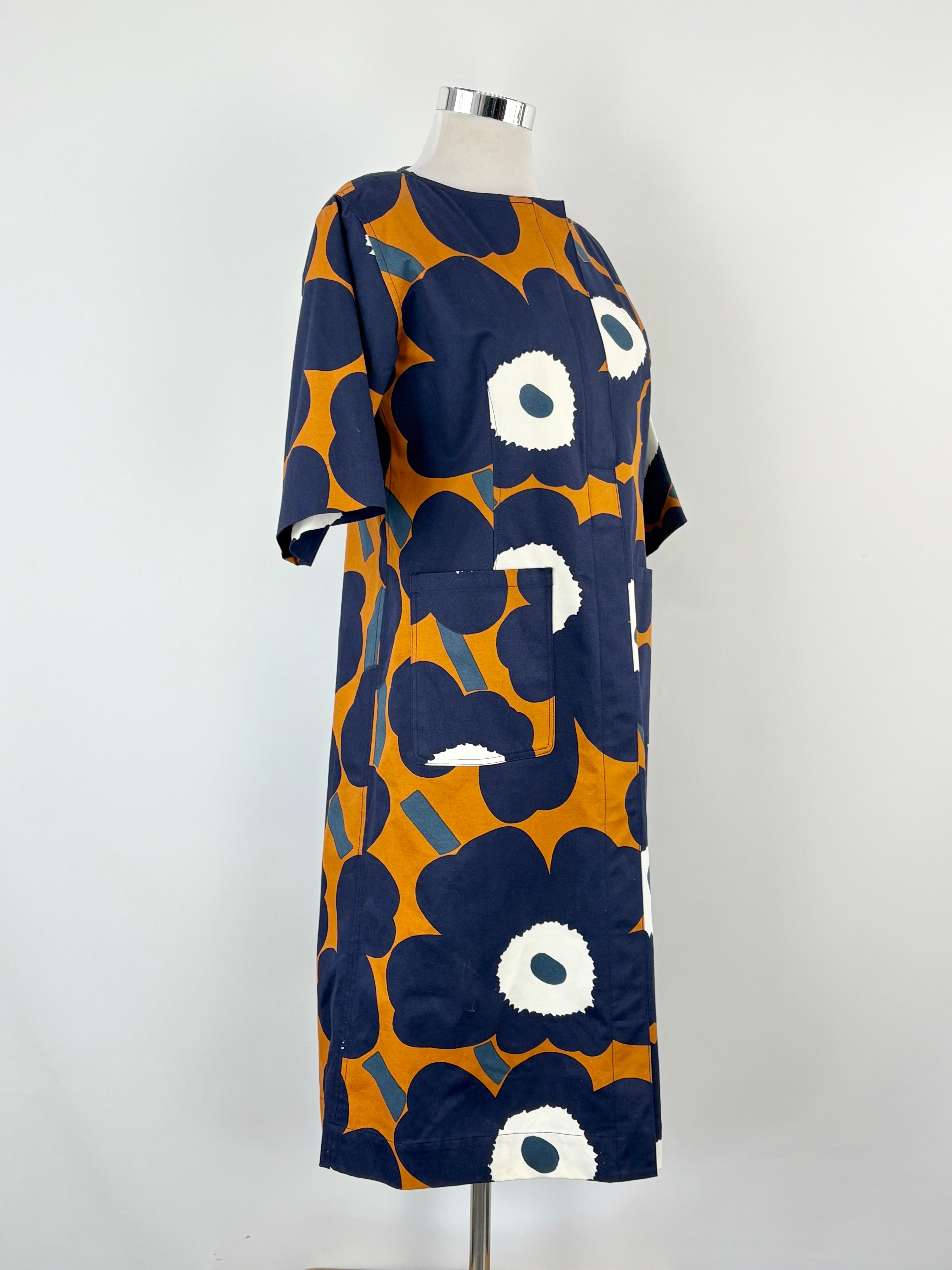 Marimekko Blue & Deep Orange 'Tahtimo' Unikko Maxi Dress - L