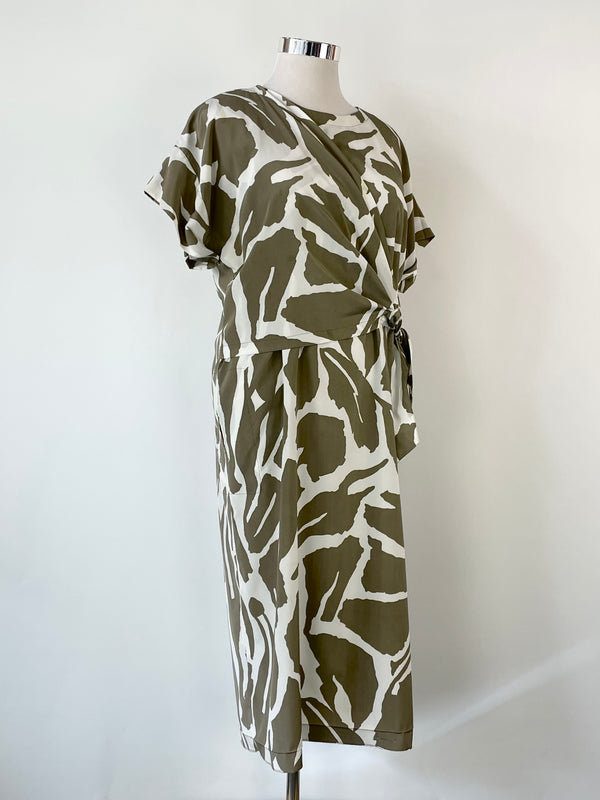 Carla Zampatti White & Taupe Camo Pattern Tie Dress - AU14