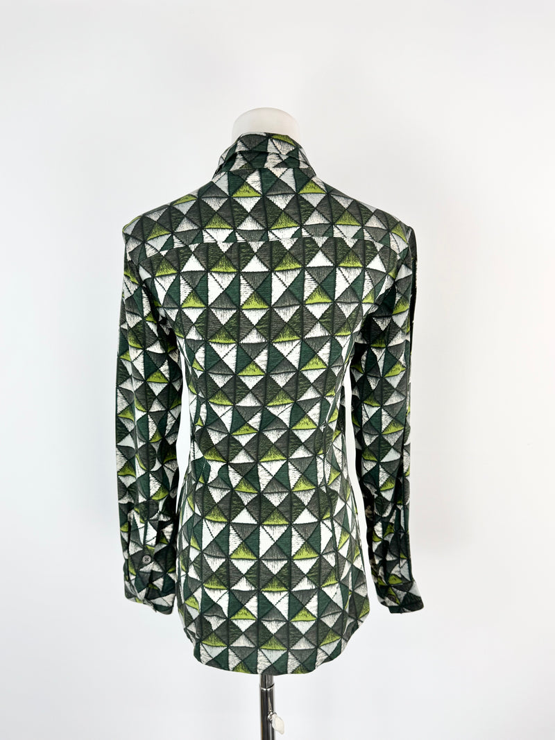 Samantha Sung Green Grid Patterned Fitted Silk Blouse - AU8