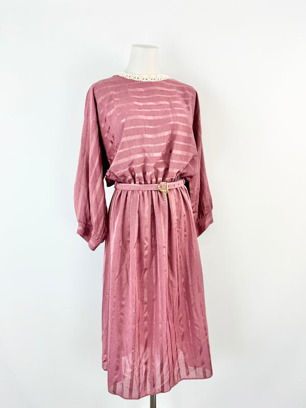 Vintage Norman Hartnell Deep Pink Crochet Neck Day Dress - AU12