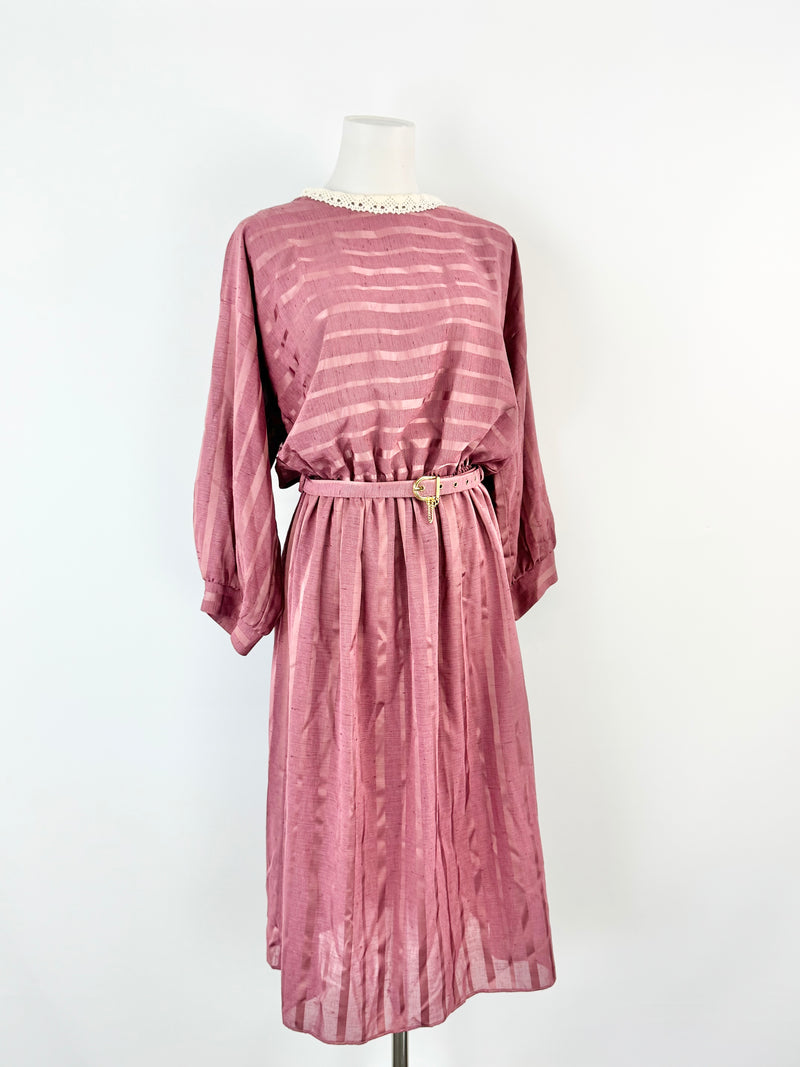 Vintage Norman Hartnell Deep Pink Crochet Neck Day Dress - AU12