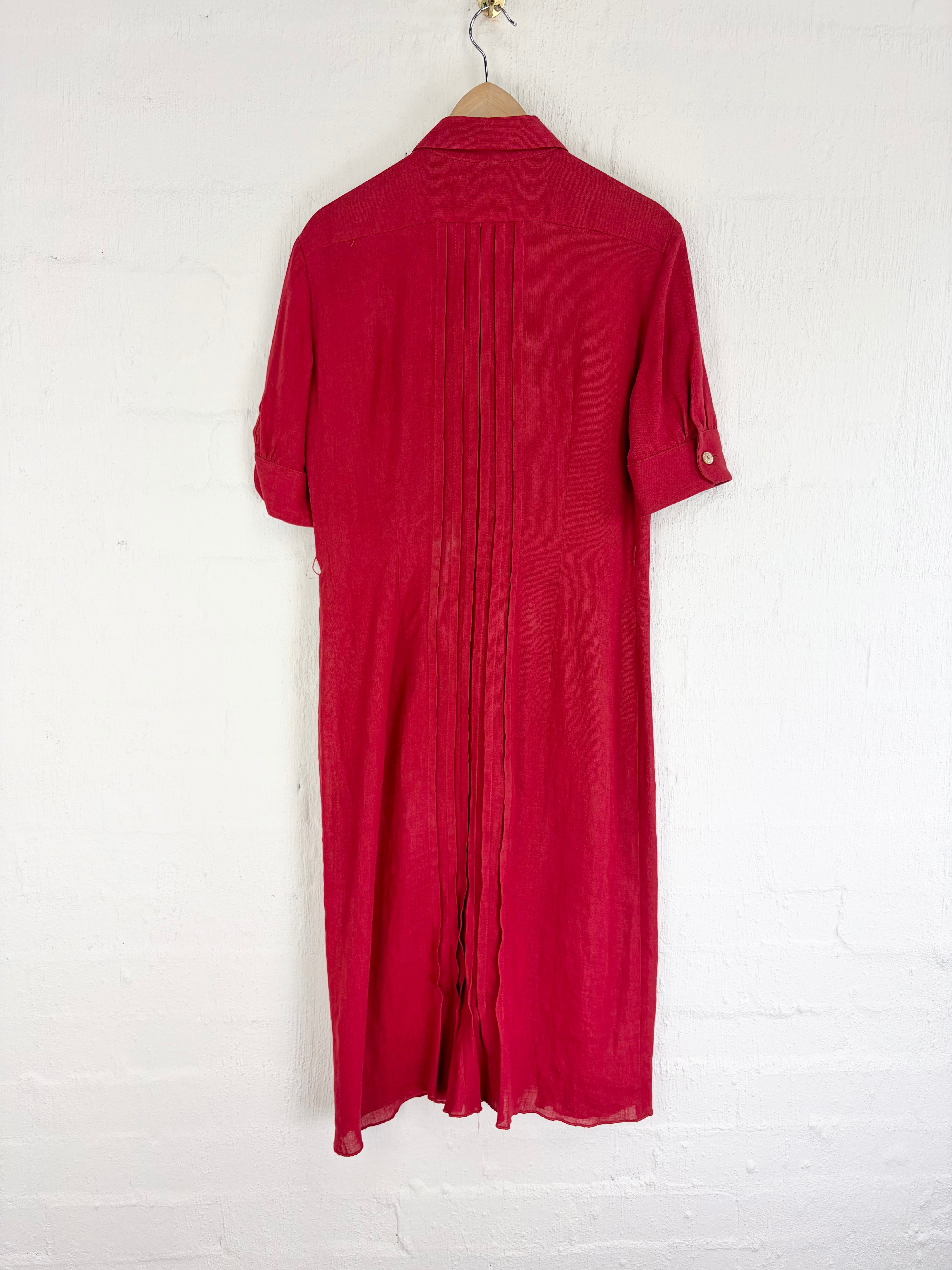 Max Mara Brick Red Linen Pintuck & Crochet Detail Shirt Dress - AU12