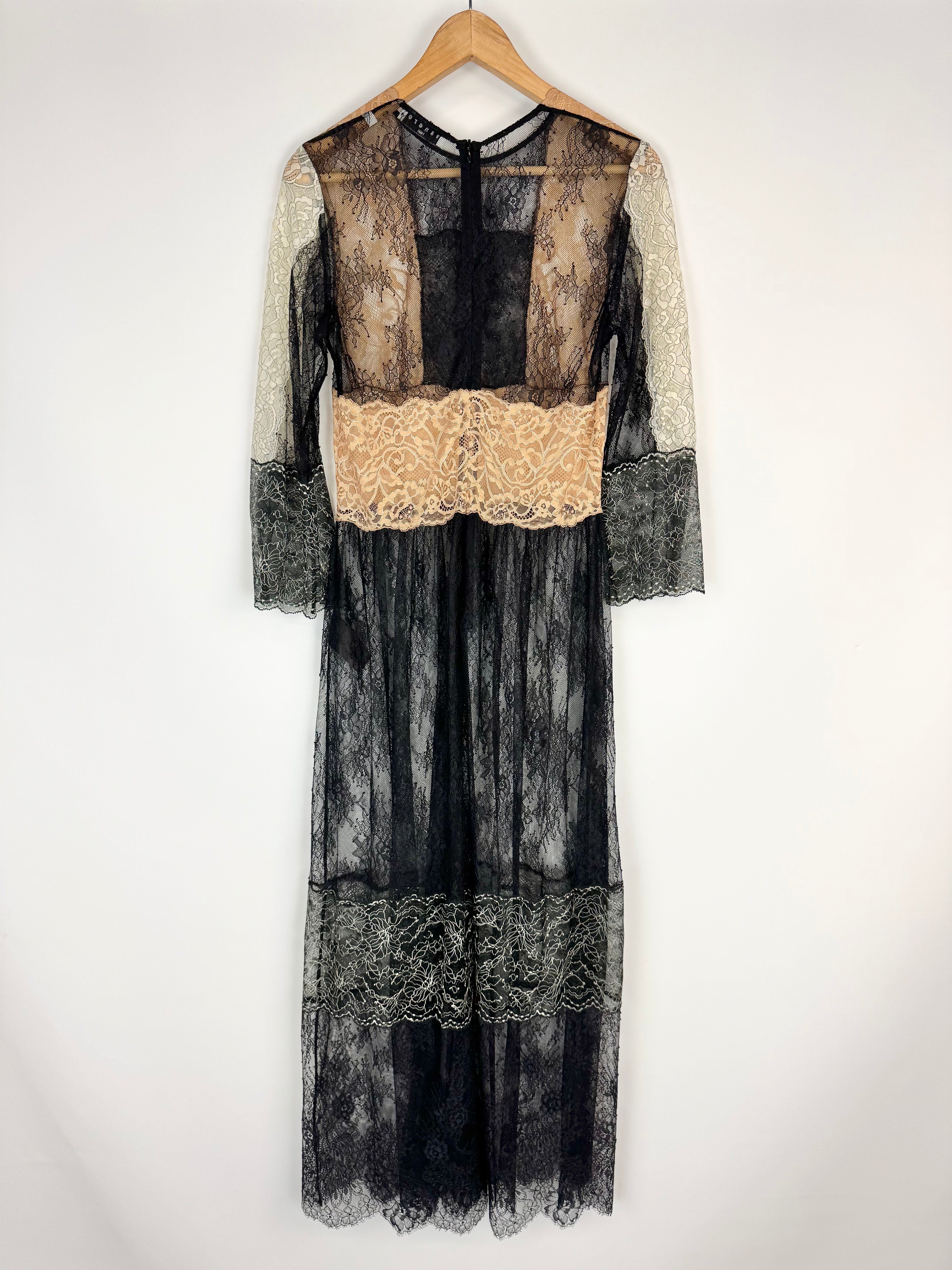 Sandro Black White & Beige Lace Maxi Dress - AU12