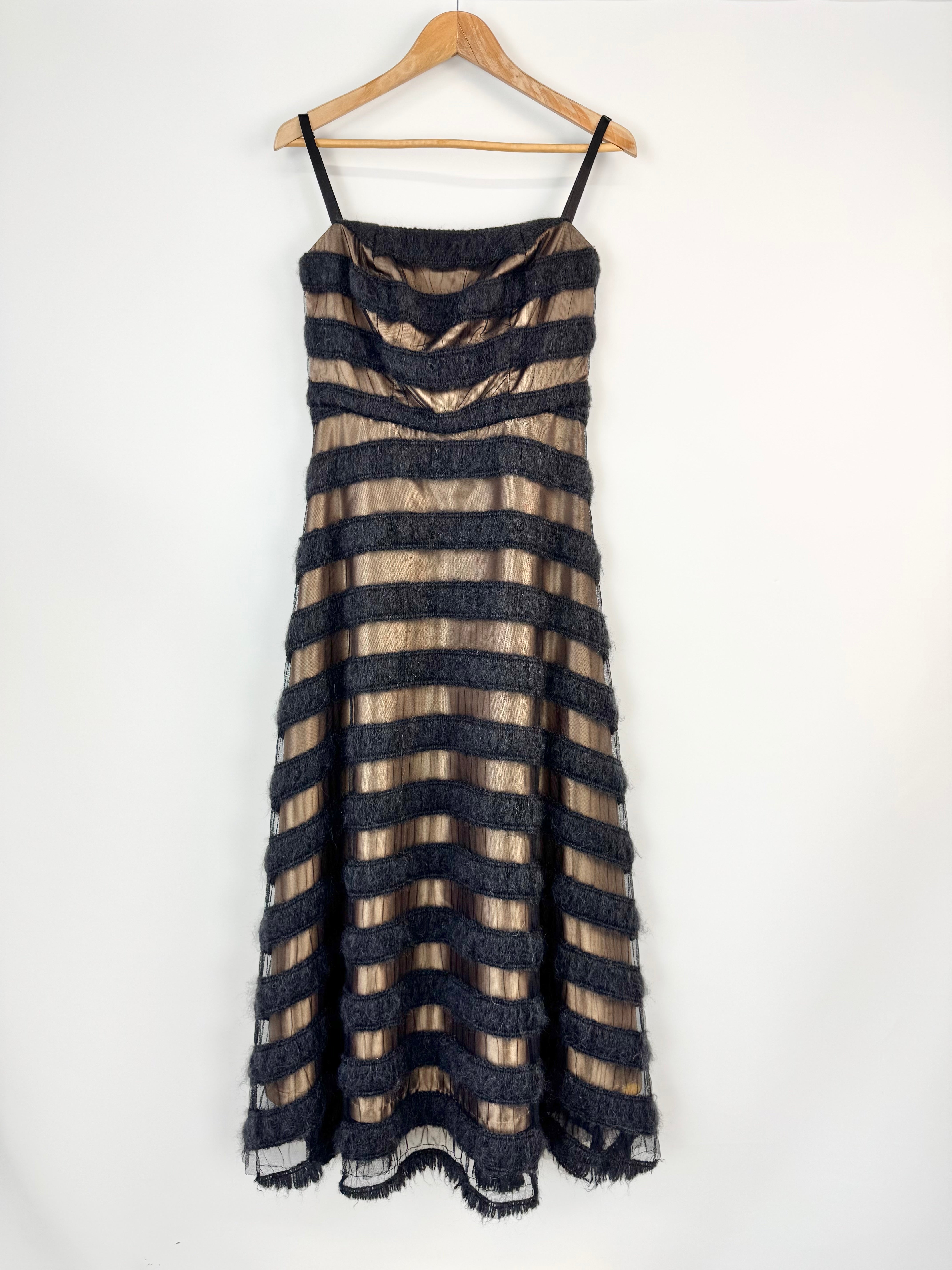 State of Grace Black & Champagne Striped Wool Cocktail Dress - AU8/10
