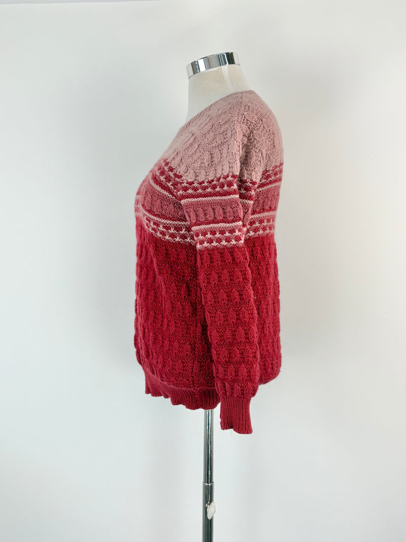 Hand-Made Cherry & Pastel Pink Wool Knit Sweater - AU12