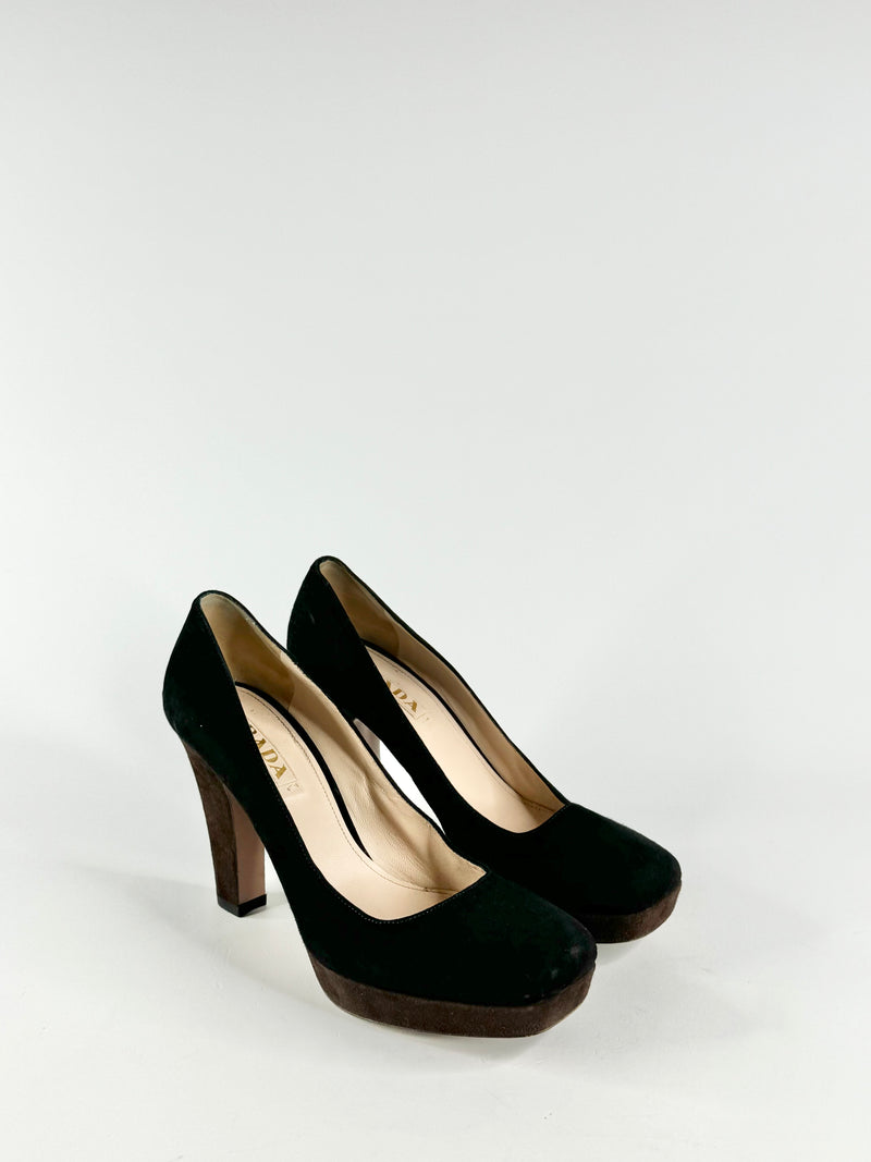 Prada Black Suede Square Toe Pumps - EU38.5