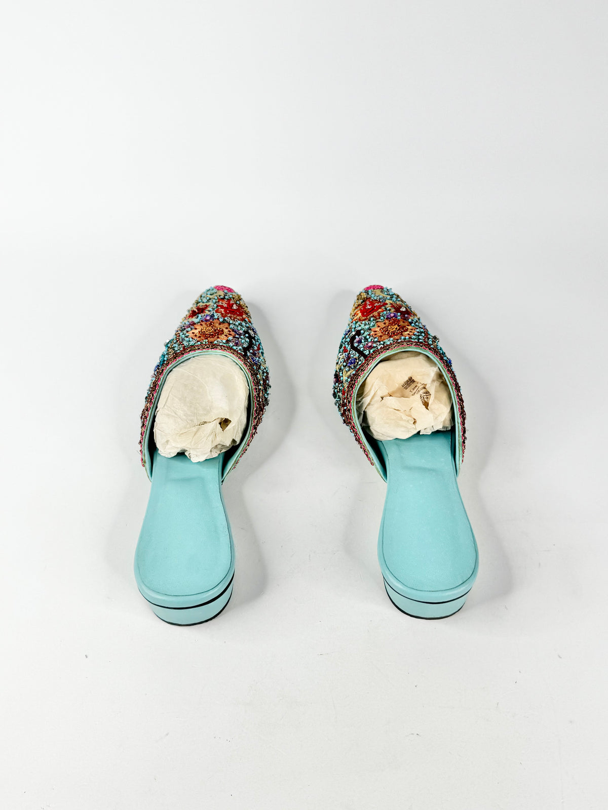 Aqua Hand Embroidered Mules - 9