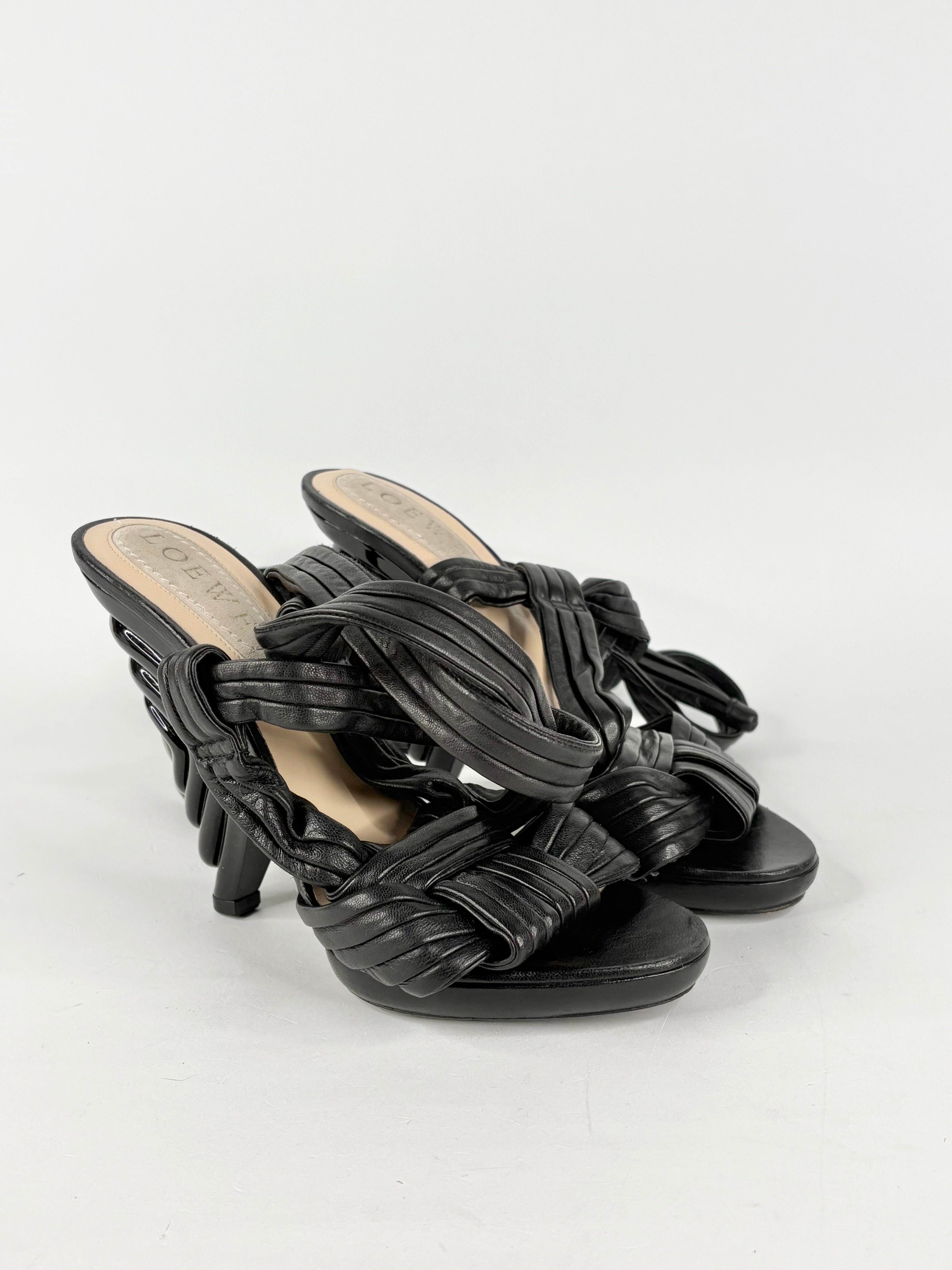 Loewe Black Leather Leg-Tie Sandals - EU39