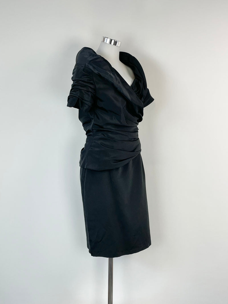 Geoff Bade Vintage Black Ruch Tiered Midi Dress - AU10/12