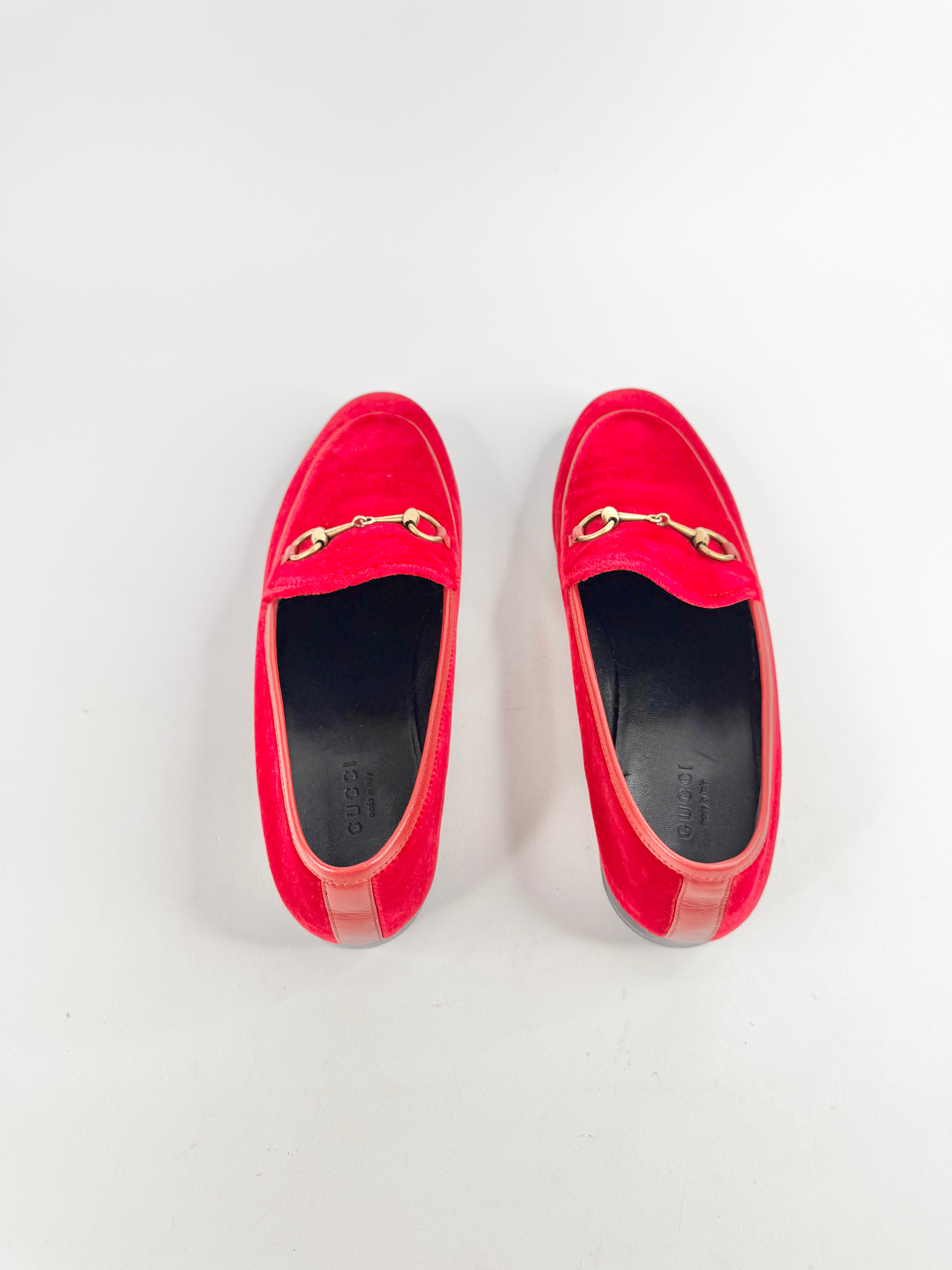 Gucci Red Velvet Horsebit Loafers - EU38.5