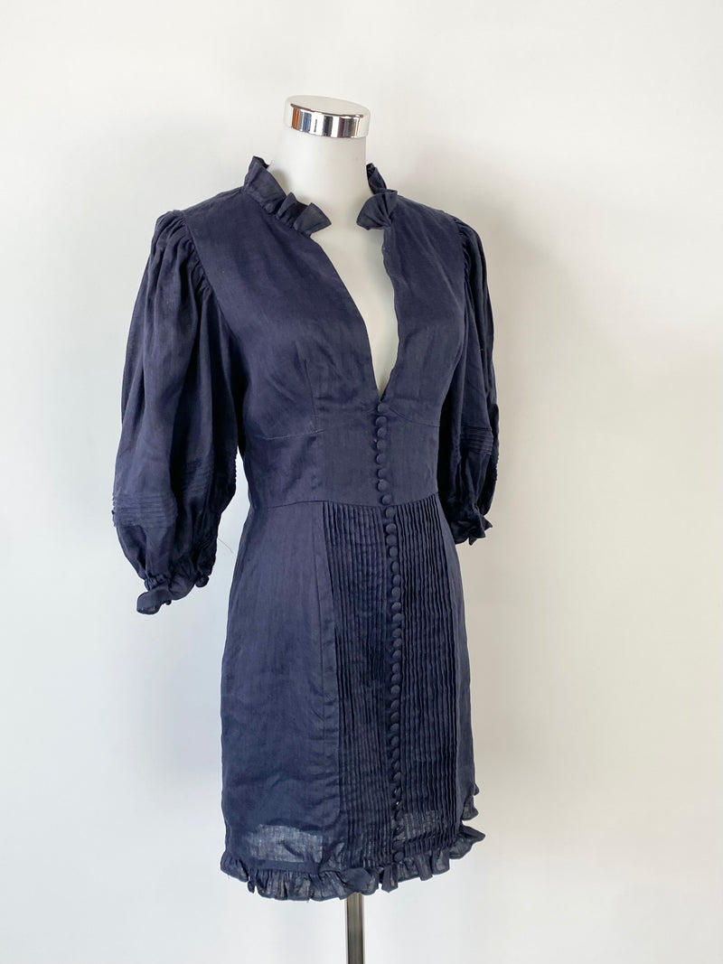 Joslin Navy Blue Linen Puff Sleeve Mini Dress - AU8