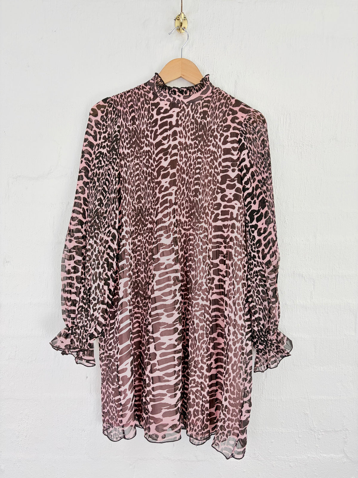 Ganni Pink & Brown Leopard Print Pattern Pleated Georgette Mini Dress - AU10