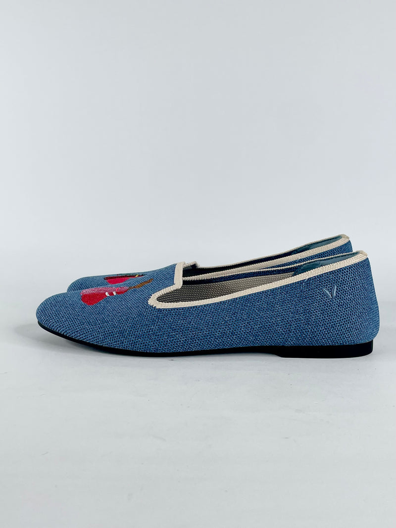 Vivaia Blue Denim 'Audrey' Round-Toe Embroidered Loafers - EU39