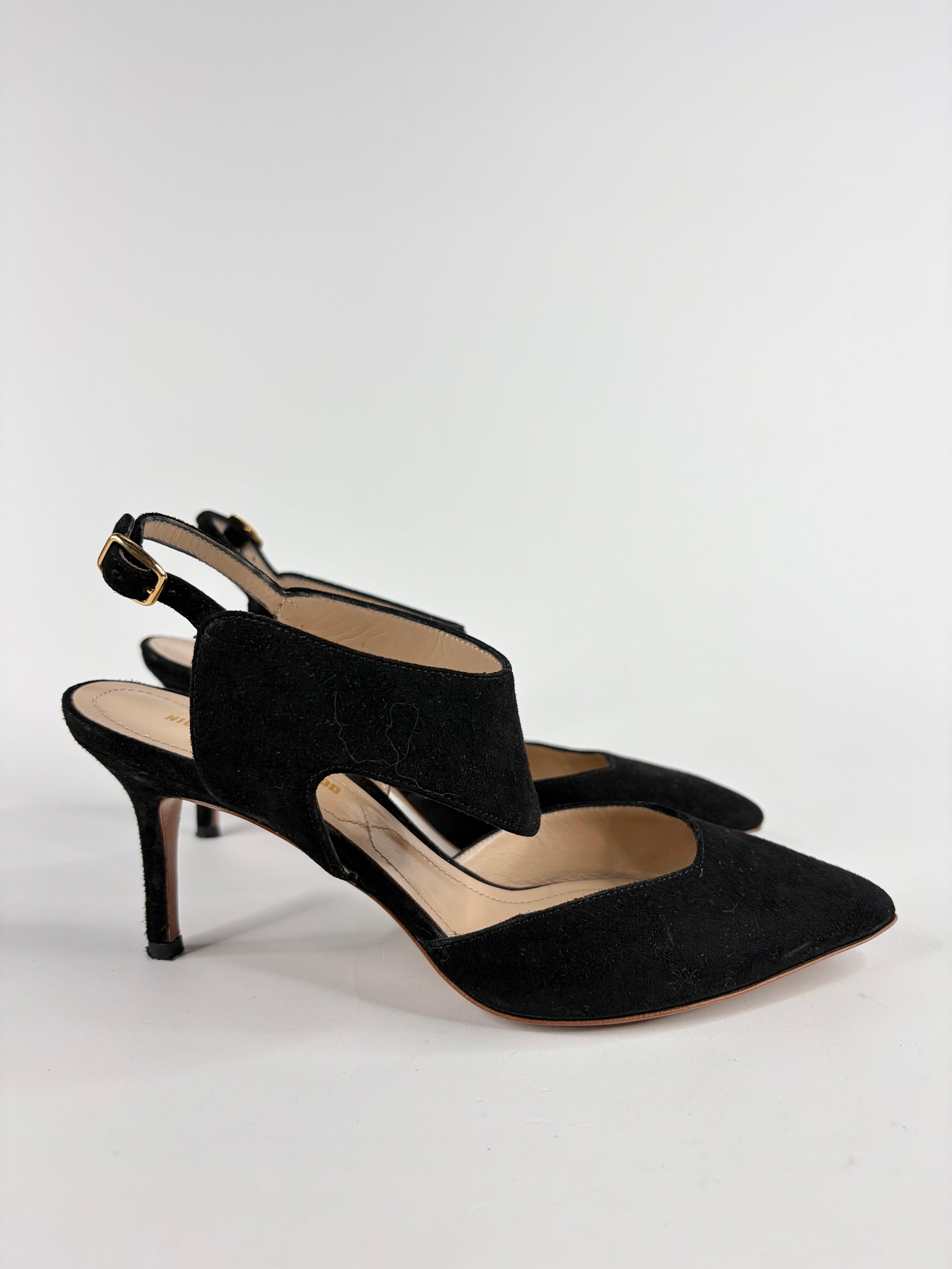 Nicholas Kirkwood Black Suede Pointed Kitten Heels D'Orsay  - EU35