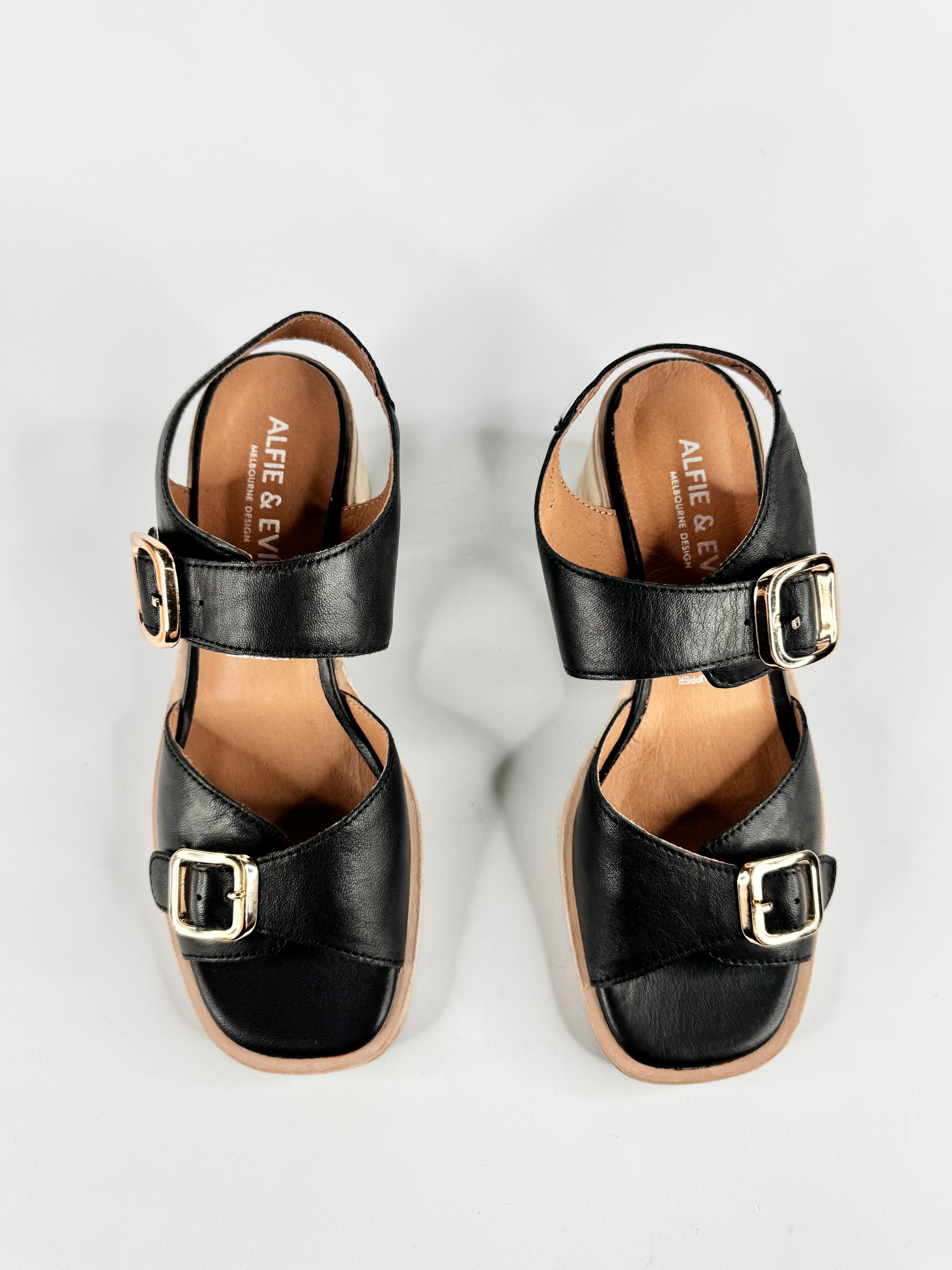 Alfie & Evie Black Gold Buckle Block Heels - EU37