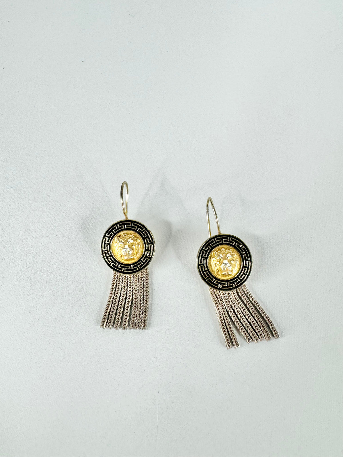 Silver Lion Medallion Drop Earrings