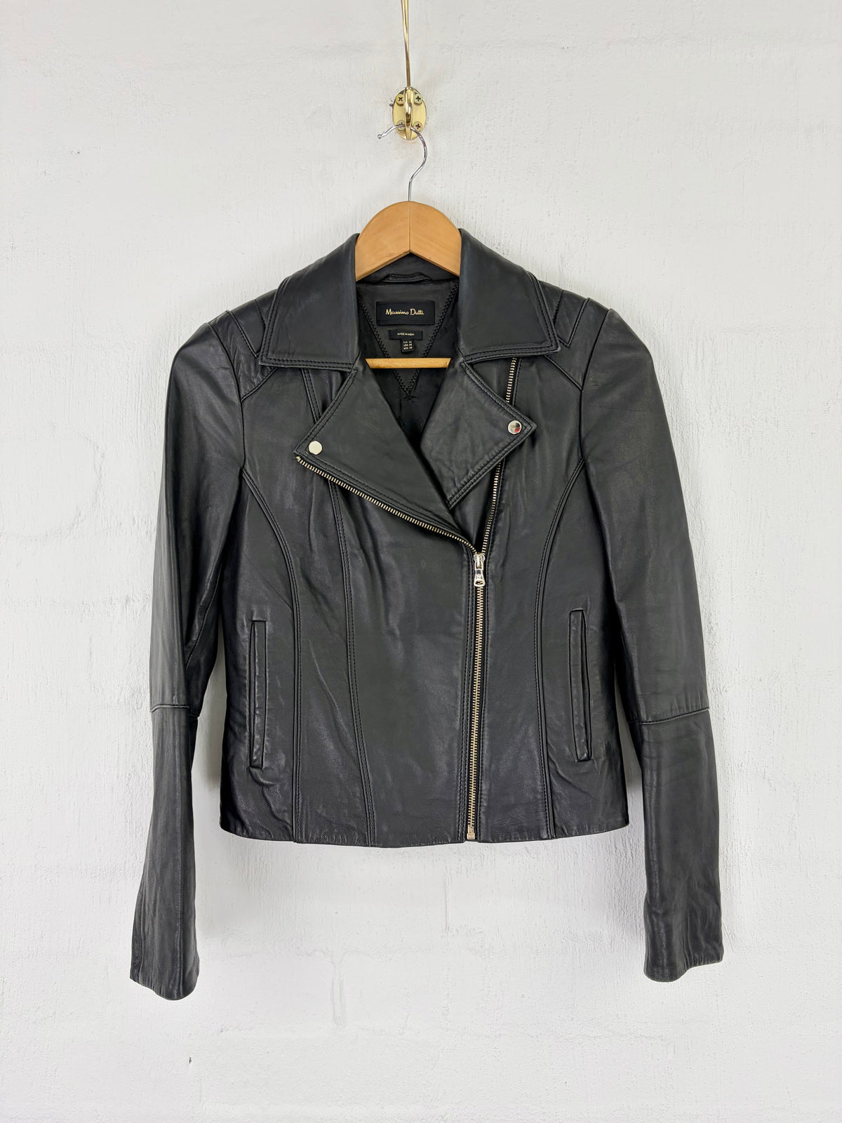 Massimo Dutti Black Leather Biker Jacket - AU4/6